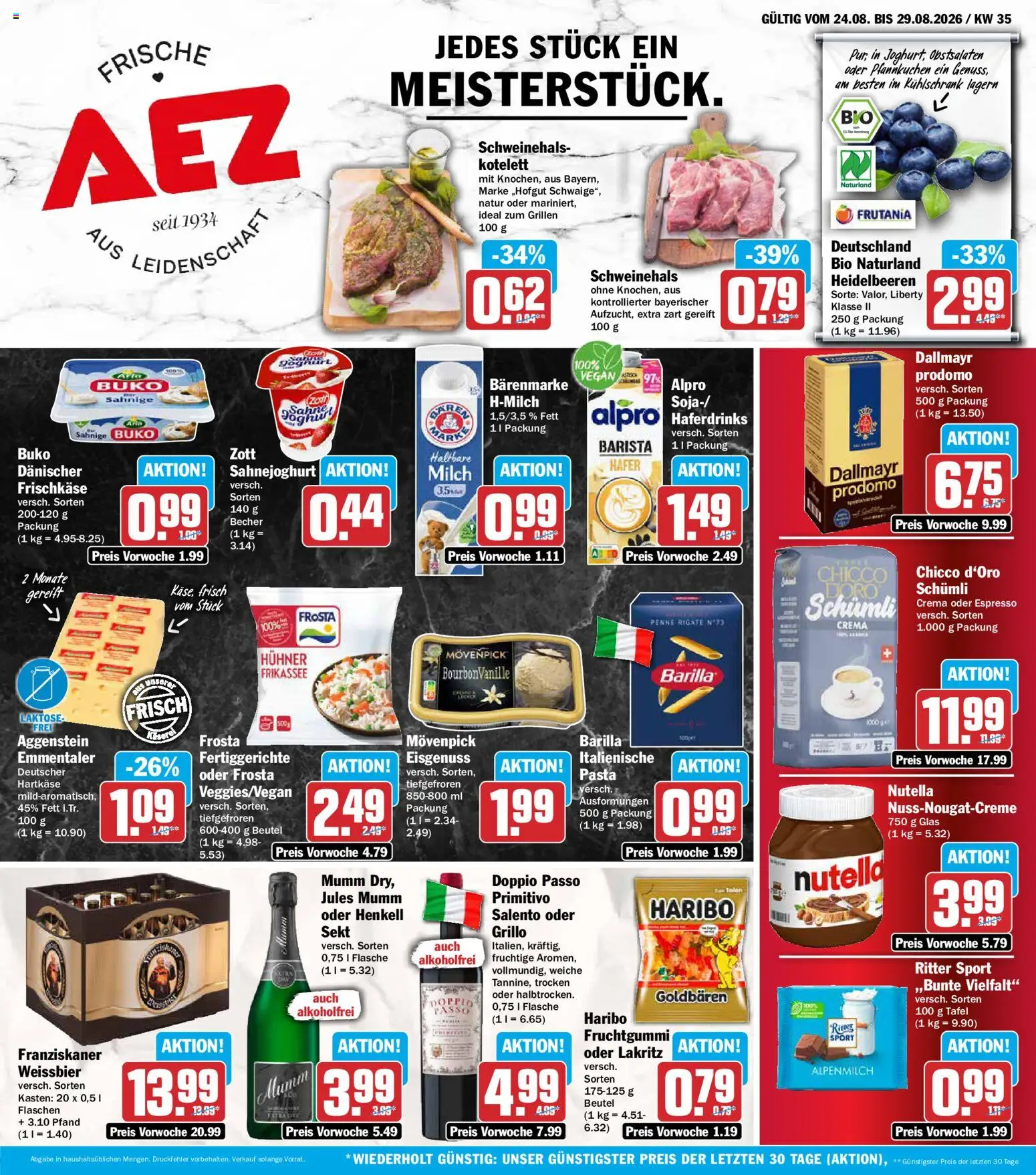 AEZ Prospekt – gültig ab 24.08.2026 | Seite: 1 | Produkte: Haltbare milch, Pfannkuchen, Jules mumm, Frosta