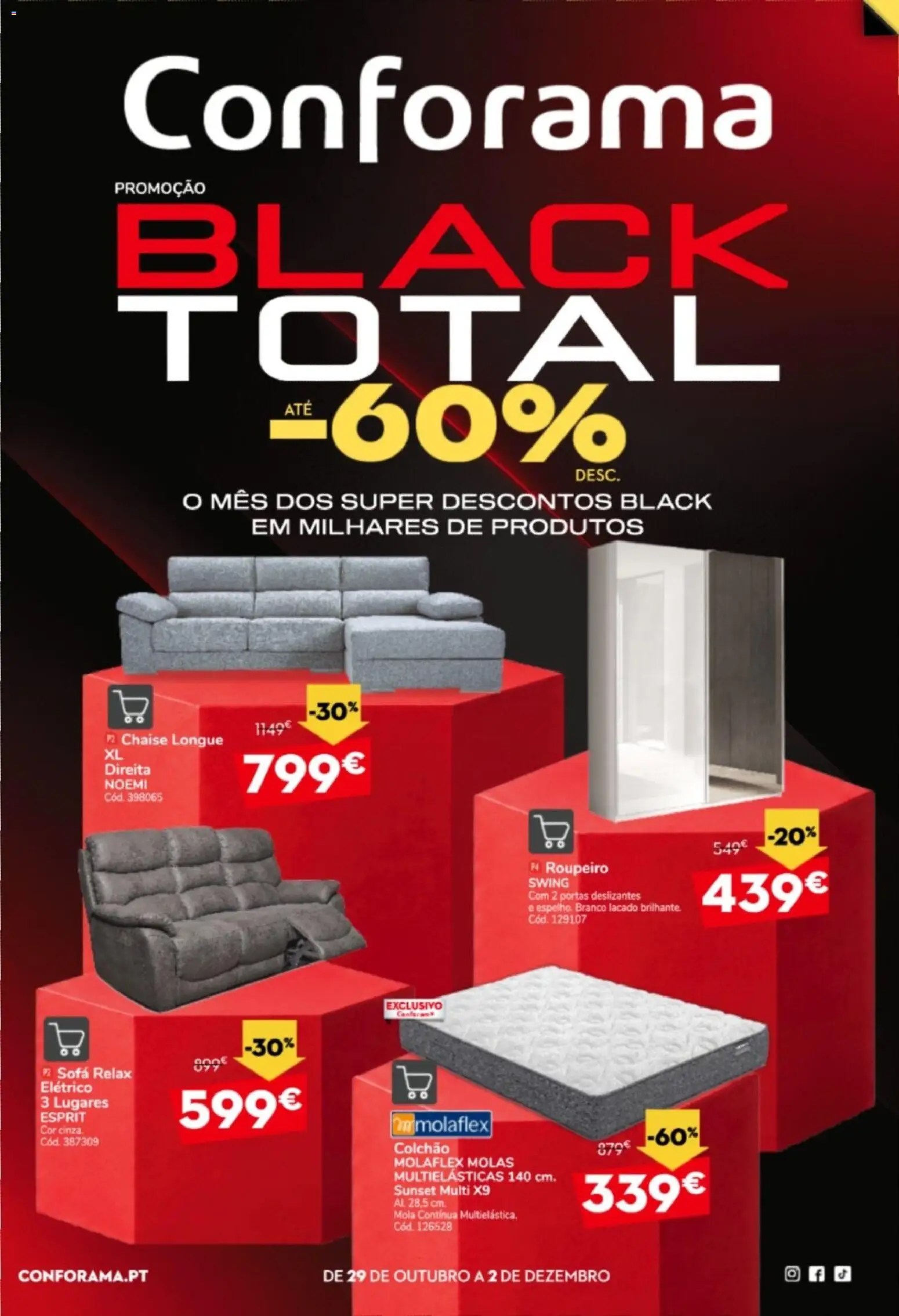 Conforama Black Friday │ válido de 29/10/2026 | Página: 1 | Produtos: Roupeiro, Portas, Colchão, Sofá