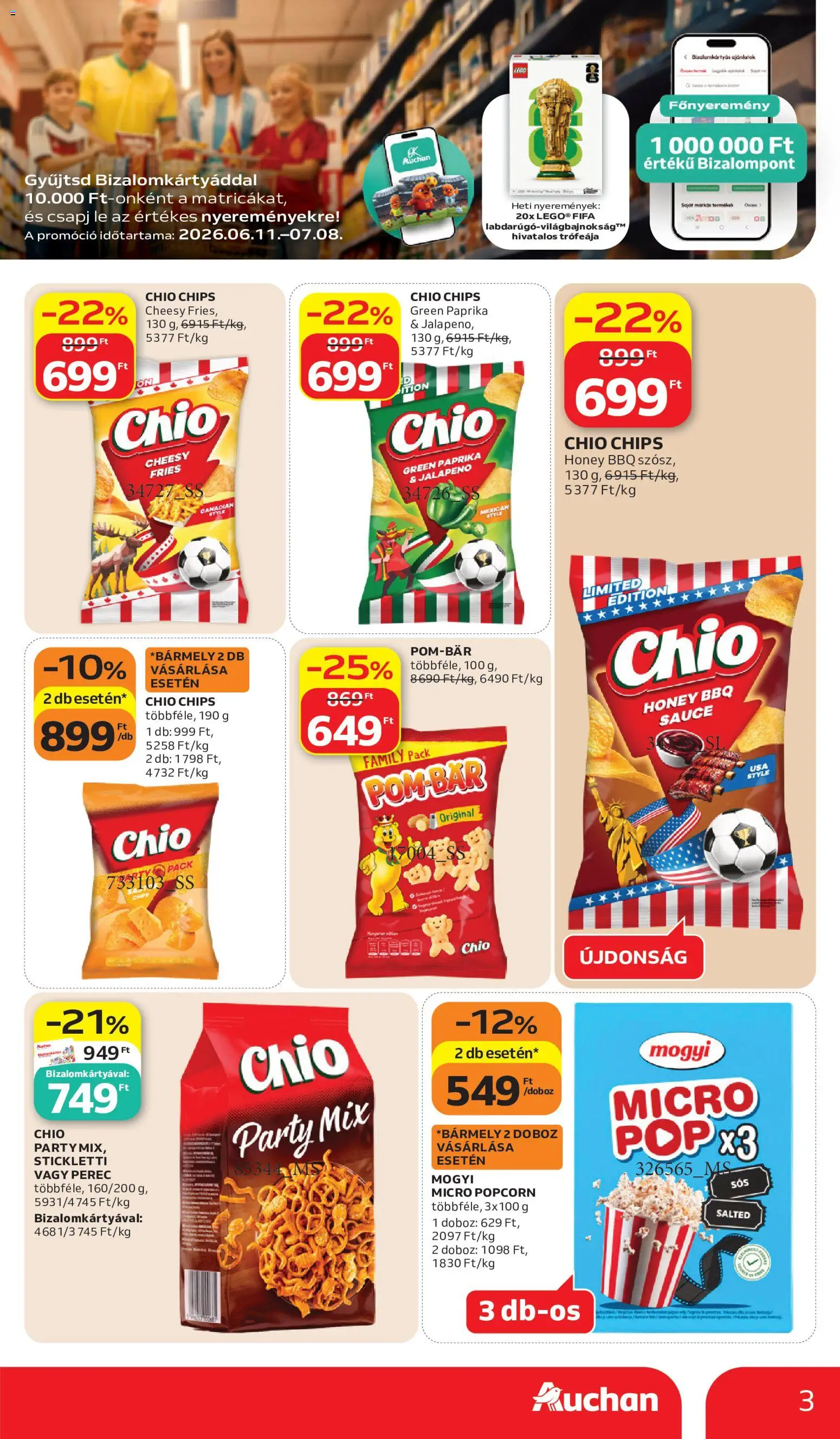Auchan akciós ujság - amely érvényes a következő dátumtól: 11.06.2026 | Oldal: 3 | Termékek: Chips, Doboz, Popcorn, Jalapeno