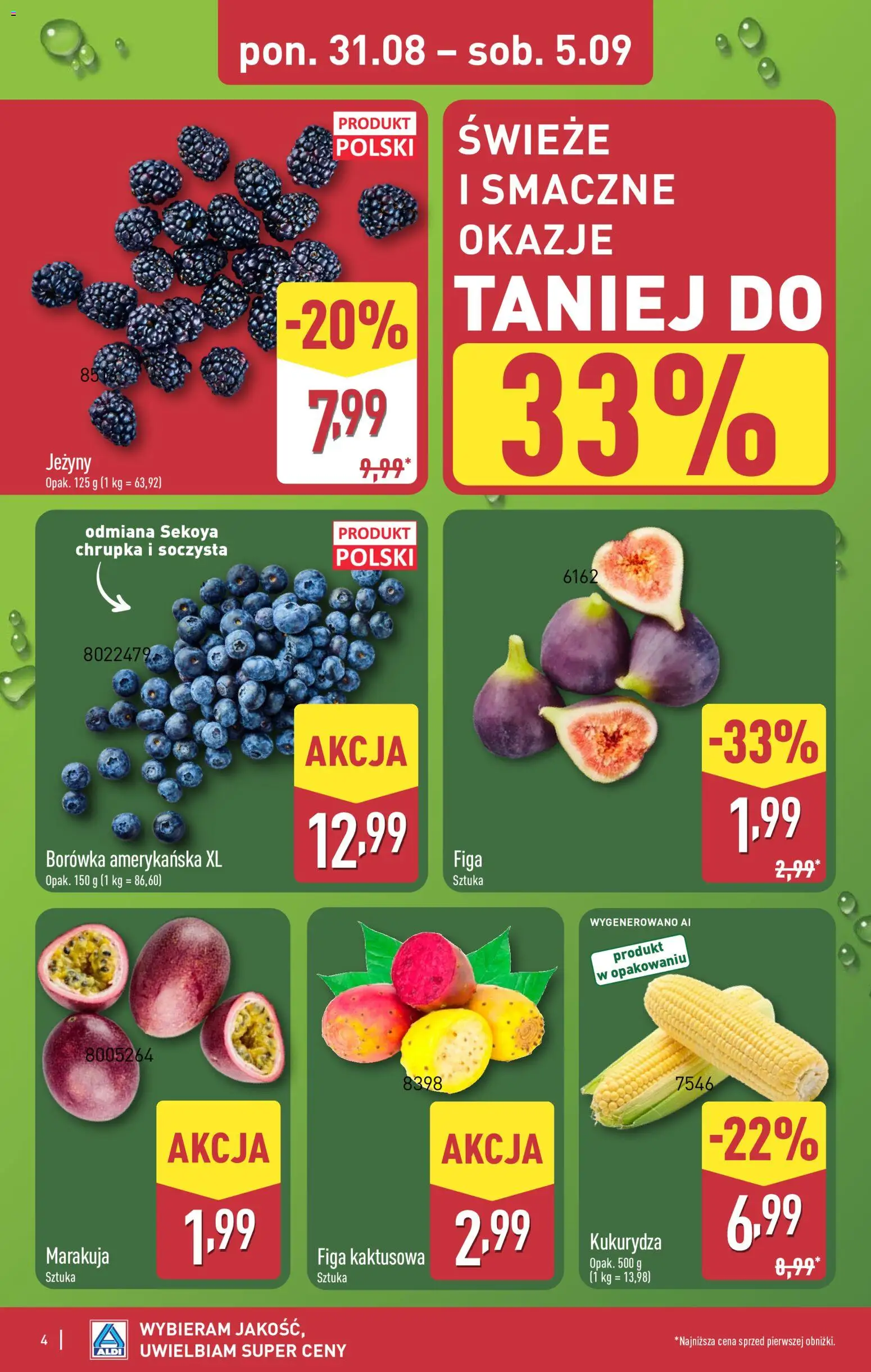 Aldi gazetka od 31.08.2026 | Strona: 4 | Produkty: Borówka amerykańska, Marakuja, Kukurydza, Jeżyny