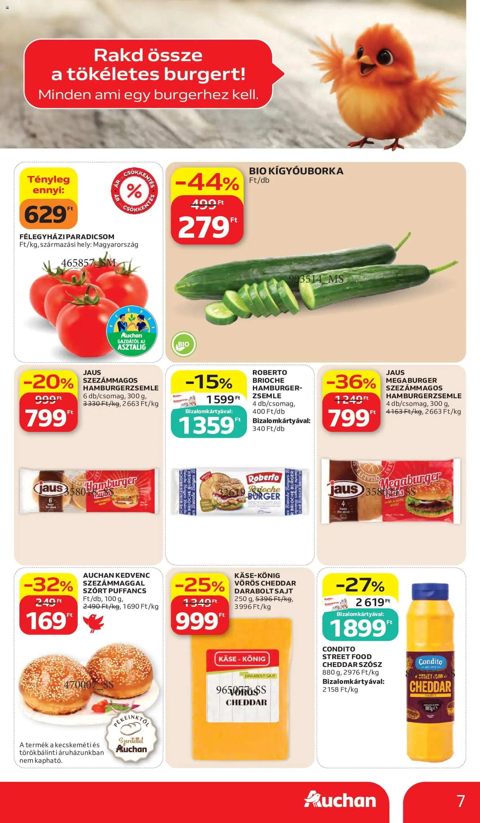Auchan akciós ujság - amely érvényes a következő dátumtól: 28.05.2026 | Oldal: 7 | Termékek: Kígyóuborka, Zsemle, Hamburgerzsemle, Sajt