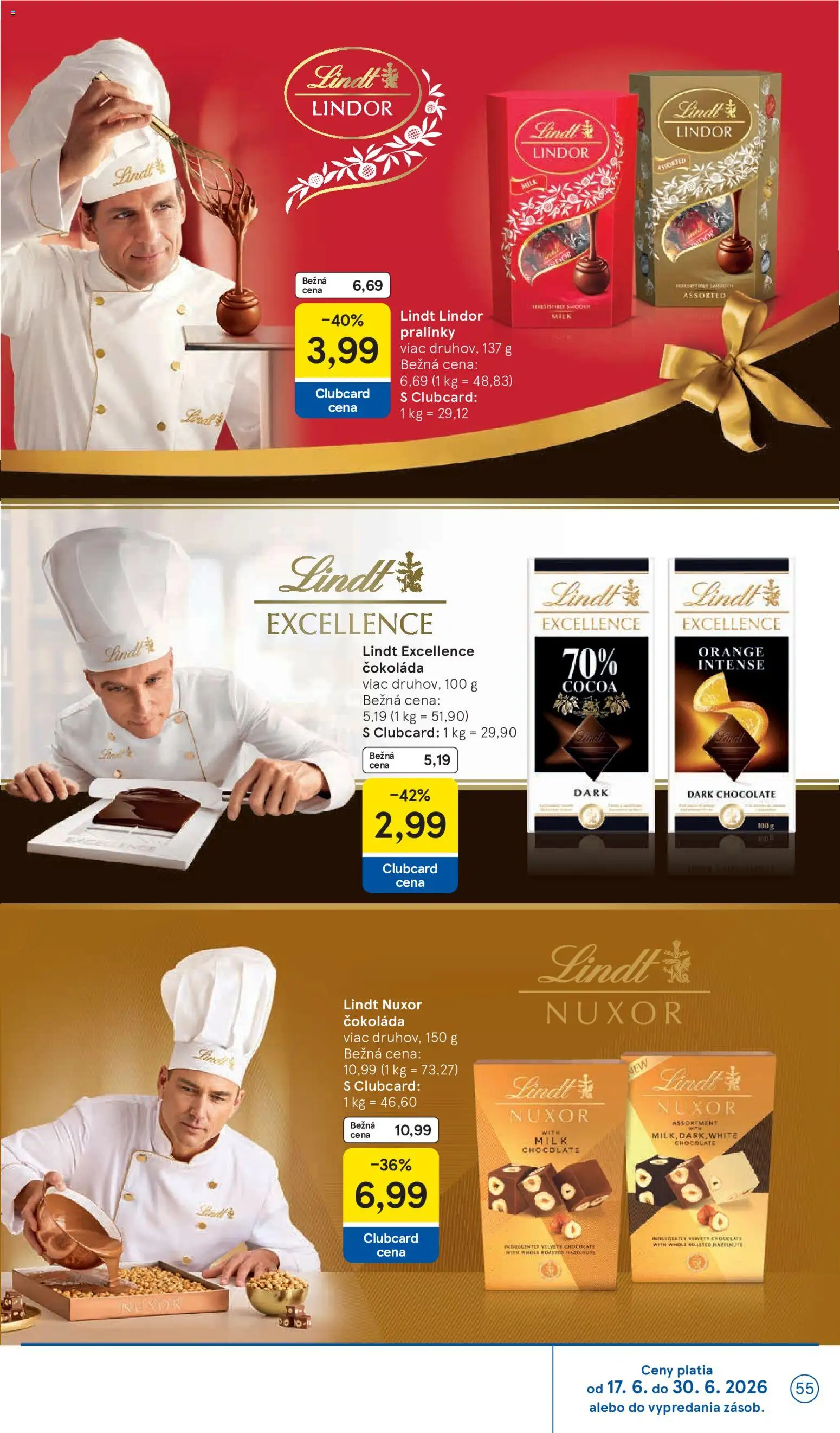 Nové Tesco akcie – leták je platný od 17.06.2026 | Strana: 55 | Produkty: Lindor, Lindt, Čokoláda