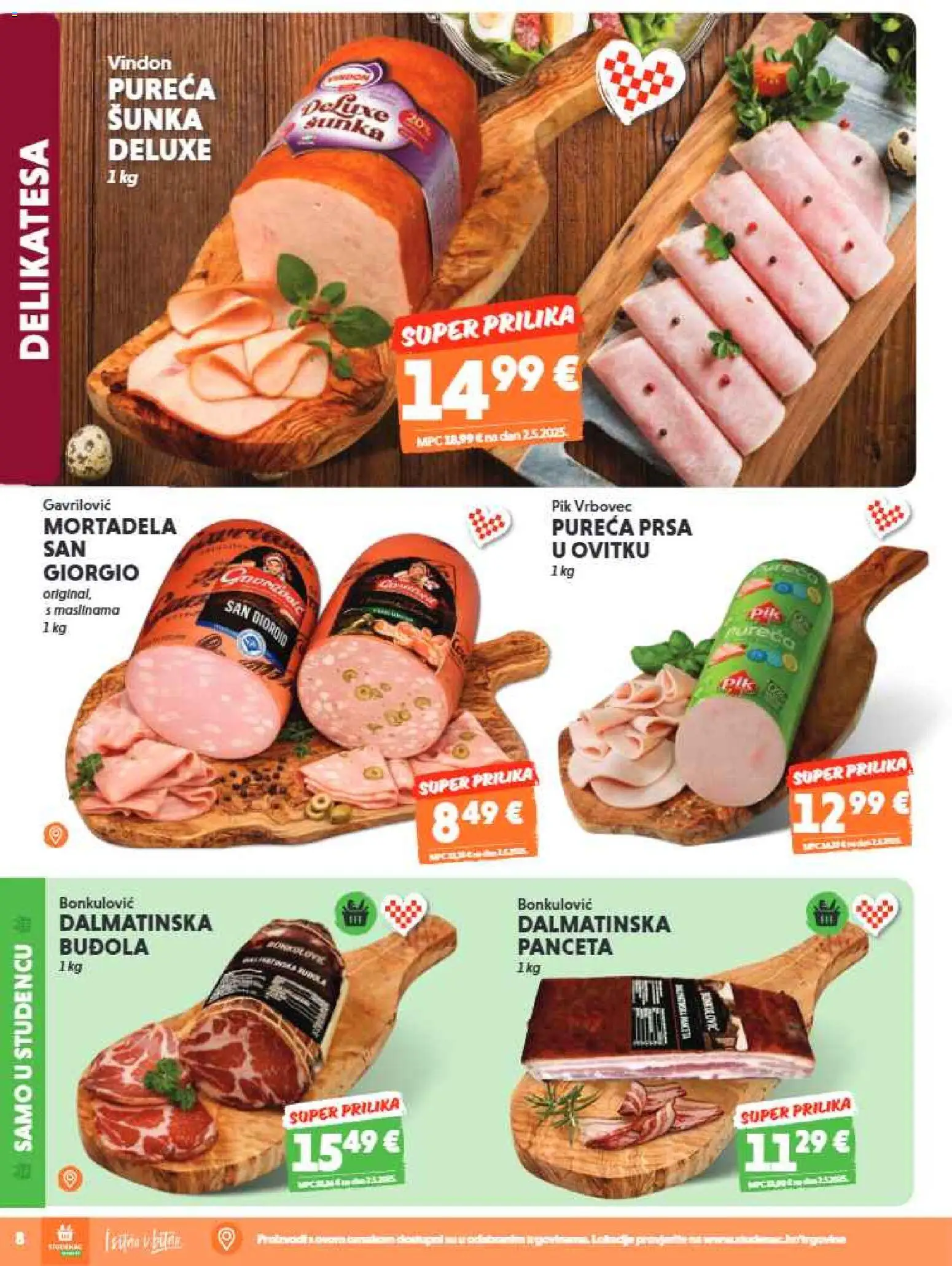 Studenac katalog | vrijedi od 29.07.2026 | Stranica: 8 | Proizvodi: Pureća prsa, Šunka, Buđola, Panceta