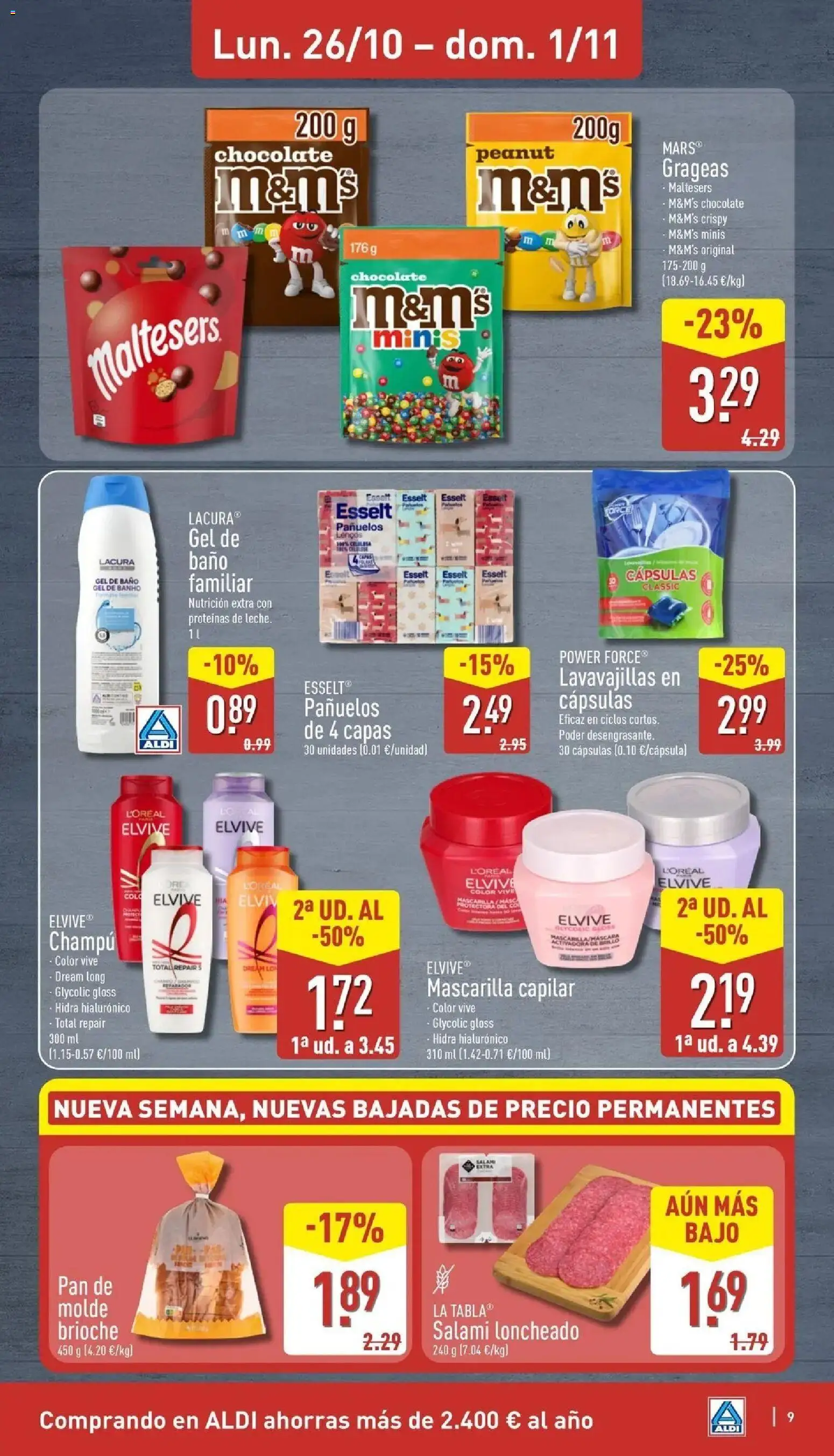 Aldi - Qué poco cuesta comprar bien │ válido desde el 26/10/2026 | Página: 9 | Productos: Gel de baño, Pan, Chocolate, Lavavajillas