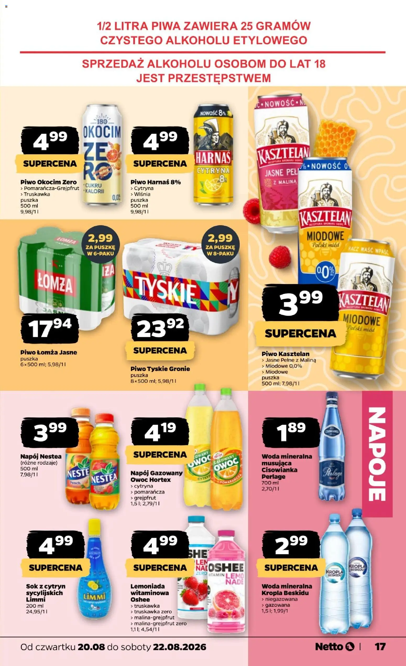 Netto gazetka od czwartku od 20.08.2026 | Strona: 17 | Produkty: Malina, Oshee, Piwo kasztelan, Harnaś
