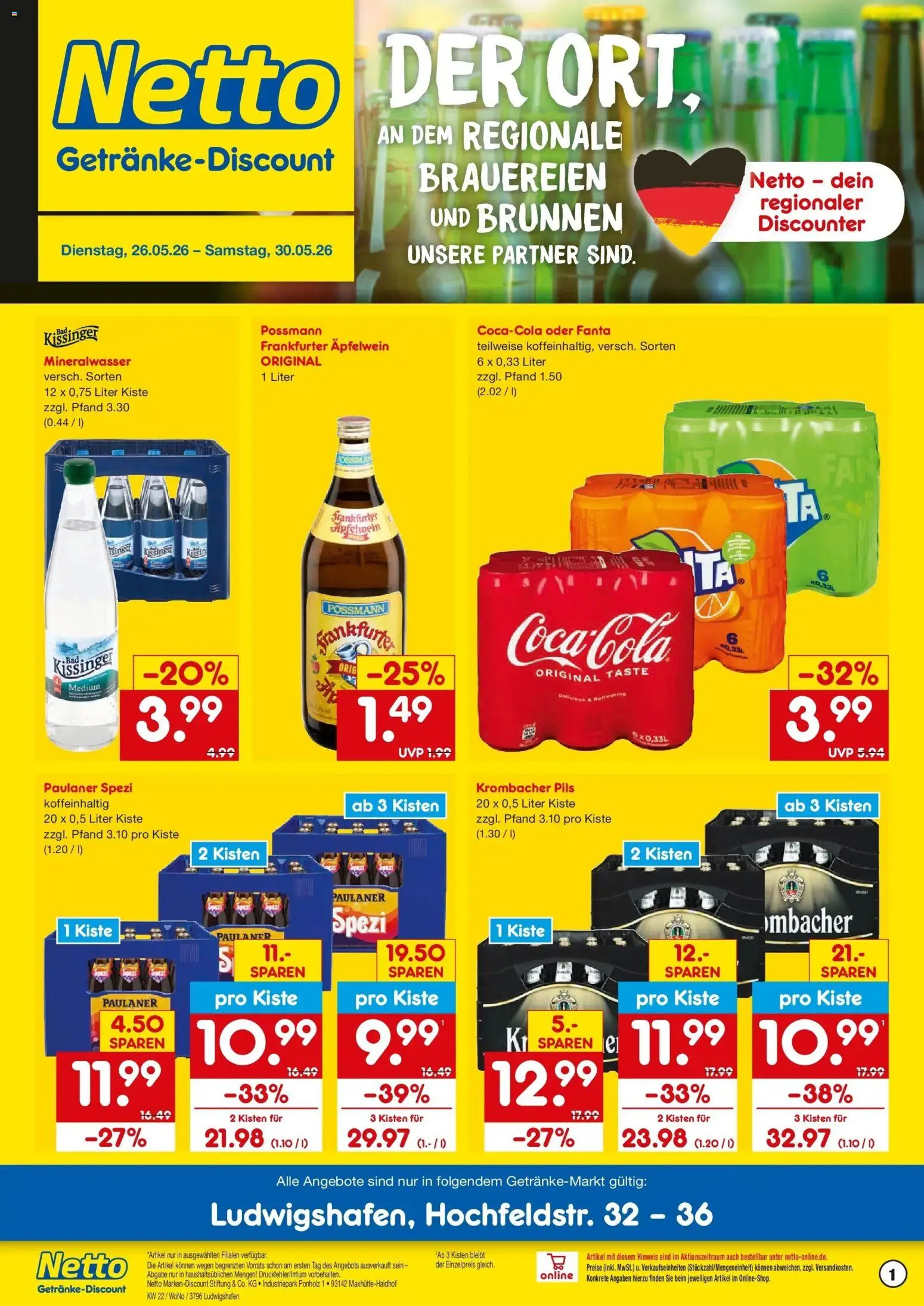 Netto Marken-Discount Prospekt Ludwigshafen – gültig ab 26.05.2026 | Seite: 1 | Produkte: Paulaner spezi, Pils, Mineralwasser, Krombacher