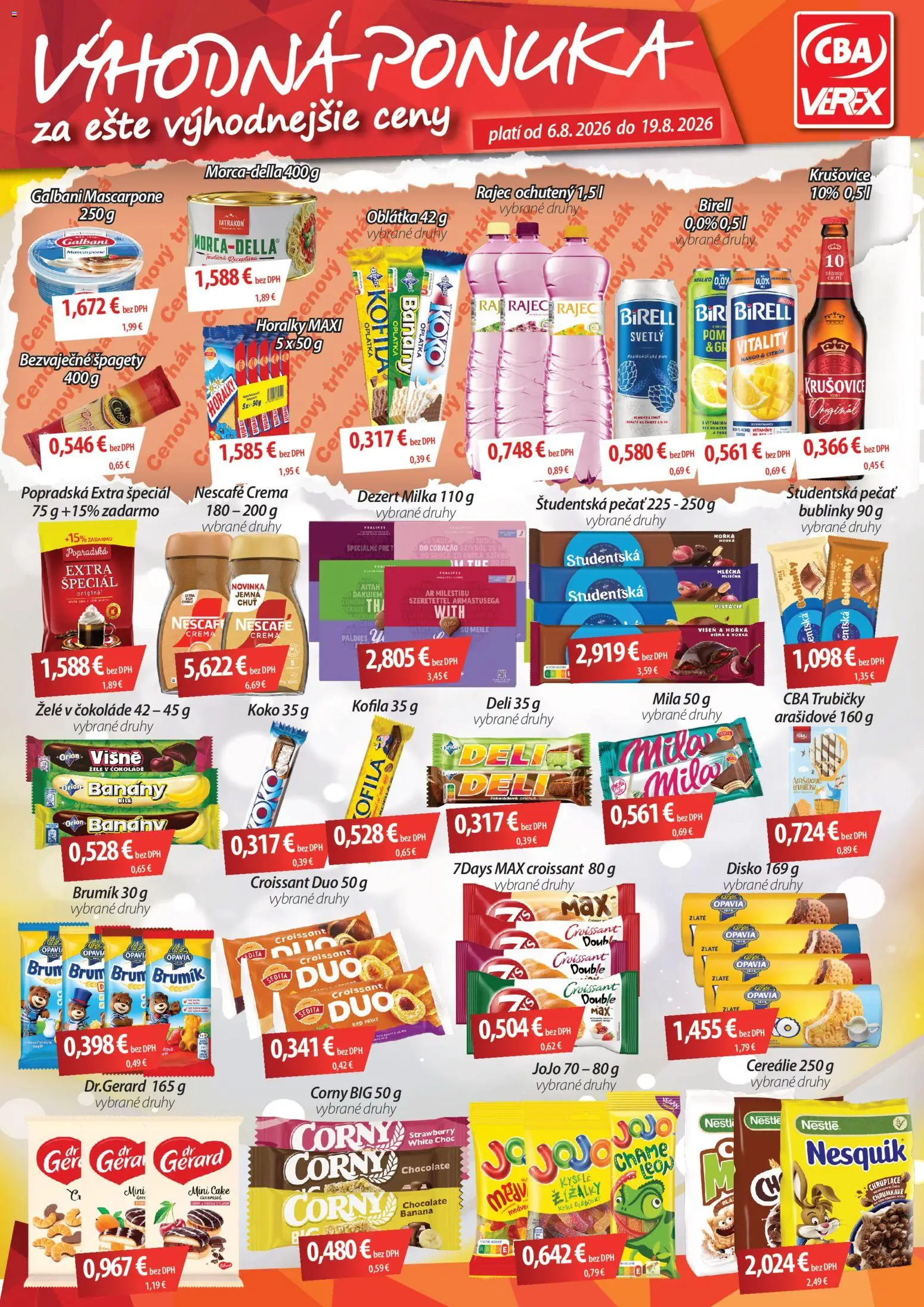 Nové CBA Verex akcie – leták je platný od 06.08.2026 | Strana: 1 | Produkty: Cereálie, Mango, Višne, Nesquik