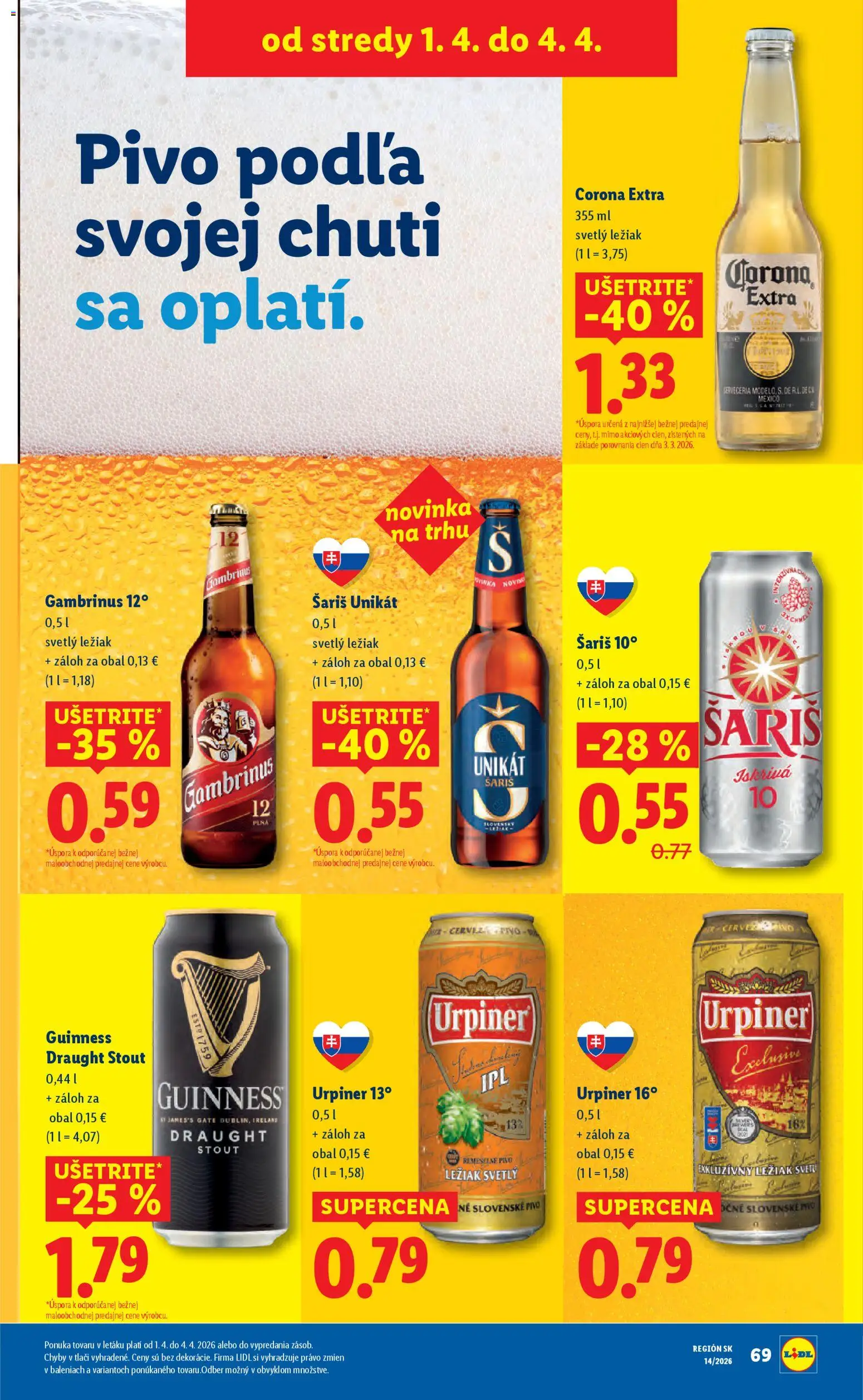 Nové Lidl akcie – leták je platný od 30.03.2026 | Strana: 89 | Produkty: Pivo, Šariš, Gambrinus, Urpiner