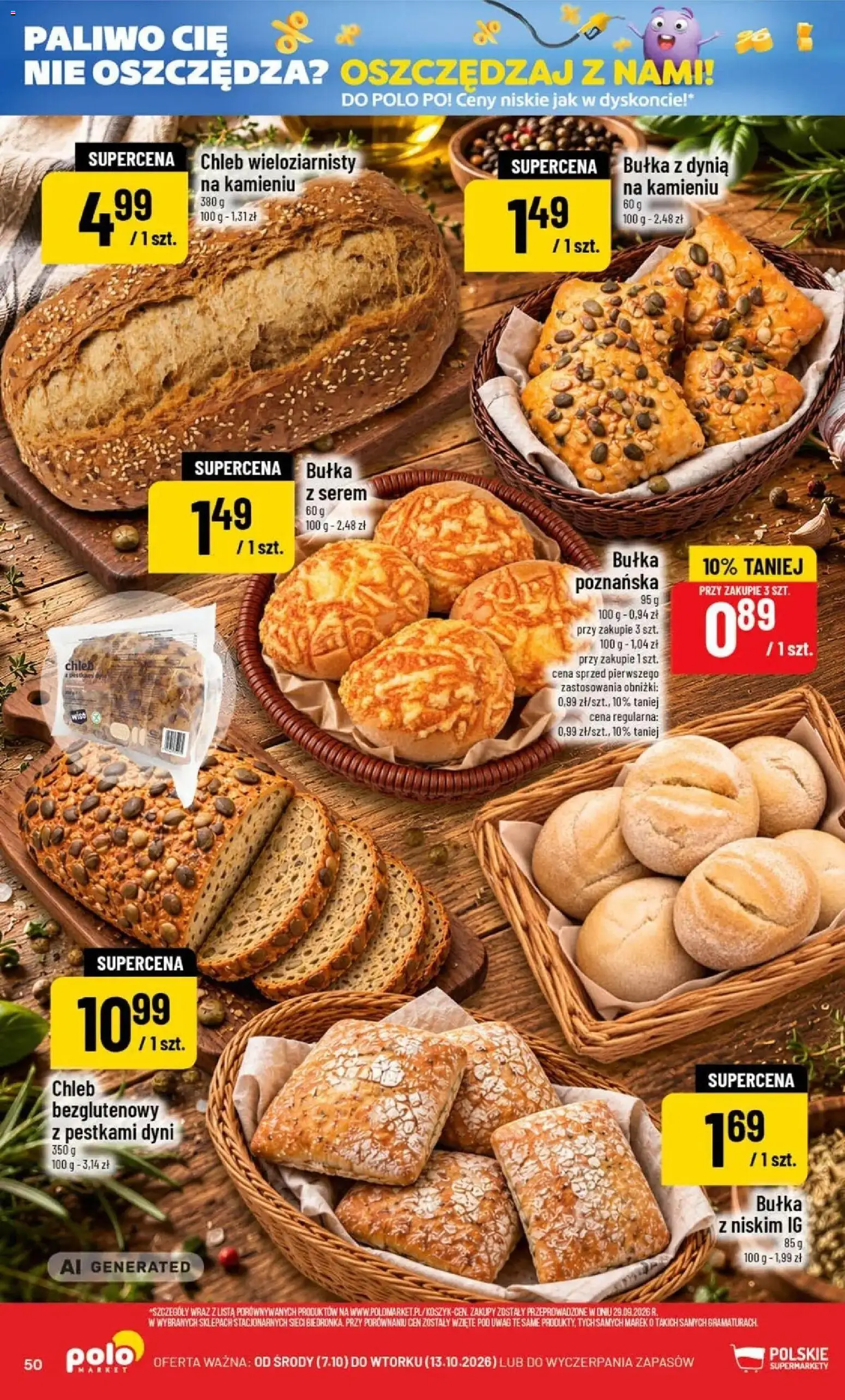Nowa POLOmarket gazetka od jutra 07.10.2026 | Strona: 50 | Produkty: Serem, Bułka z serem, Bułka z dynią, Chleb