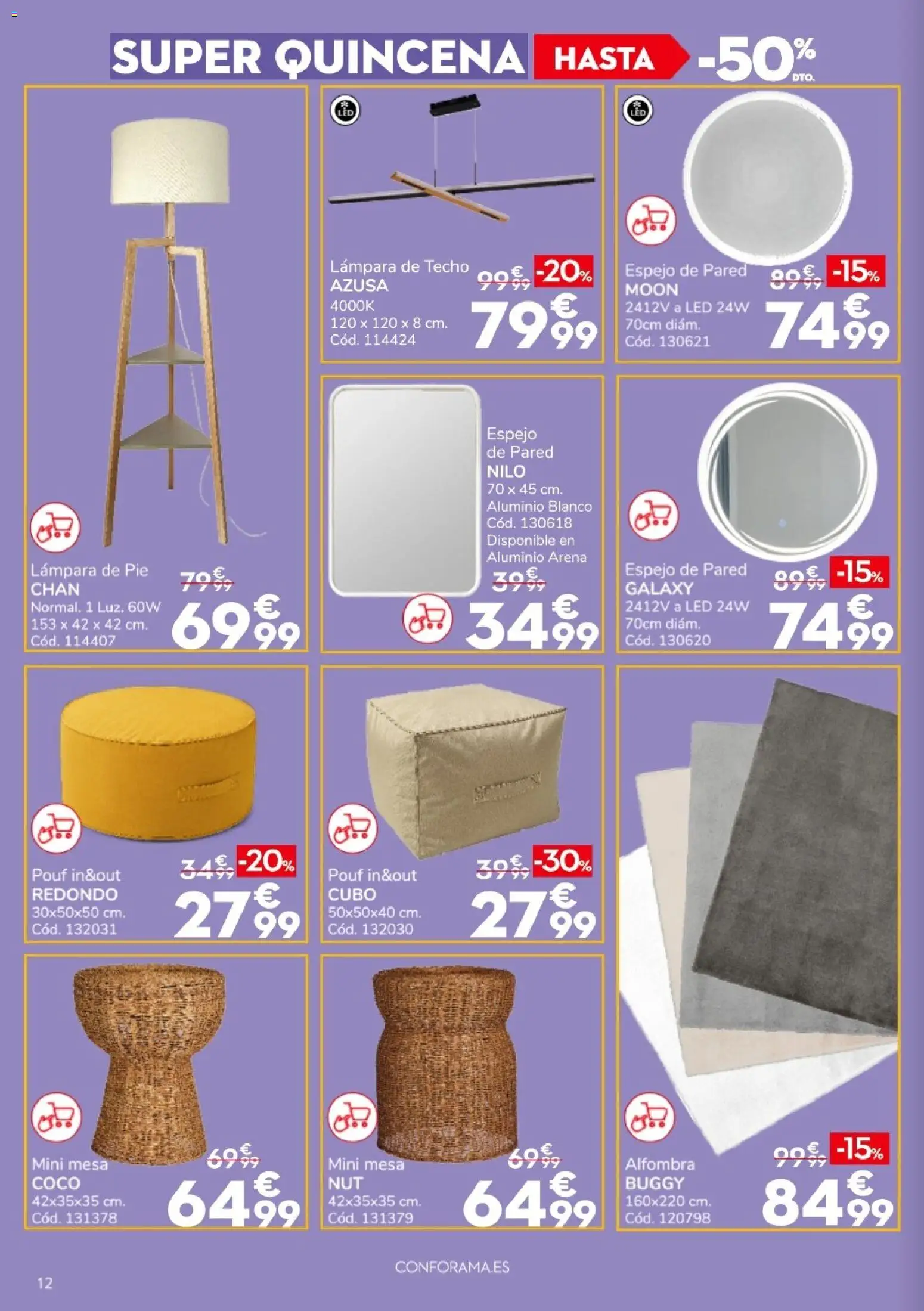 Conforama Super Quincena │ válido desde el 13/08/2026 | Página: 12 | Productos: Lámpara de techo, Coco, Espejo, Alfombra