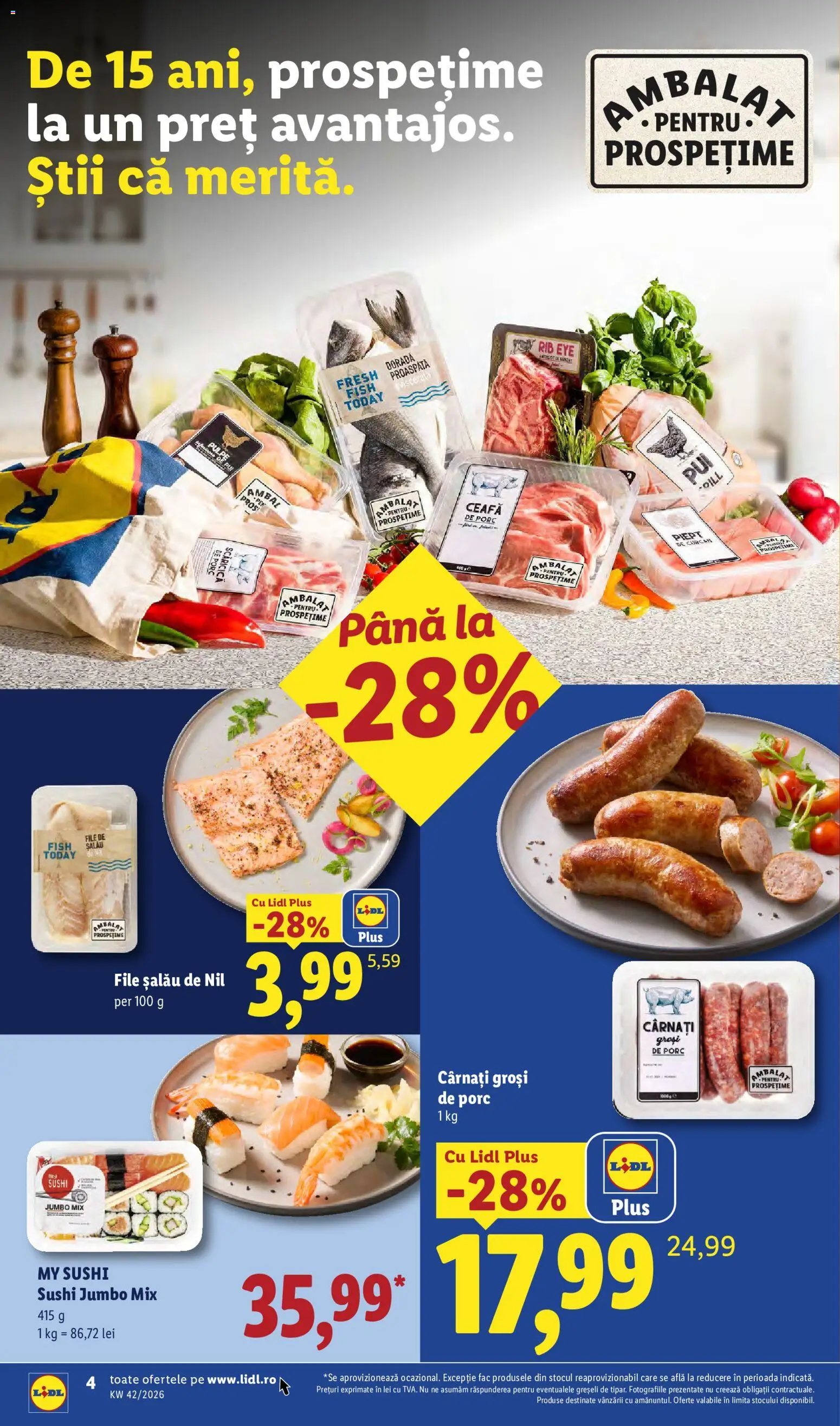 Noul catalog Lidl – valabil de la 12.10.2026 | Pagină: 4 | Produse: Sushi, Piept de curcan, Plus, Cârnați