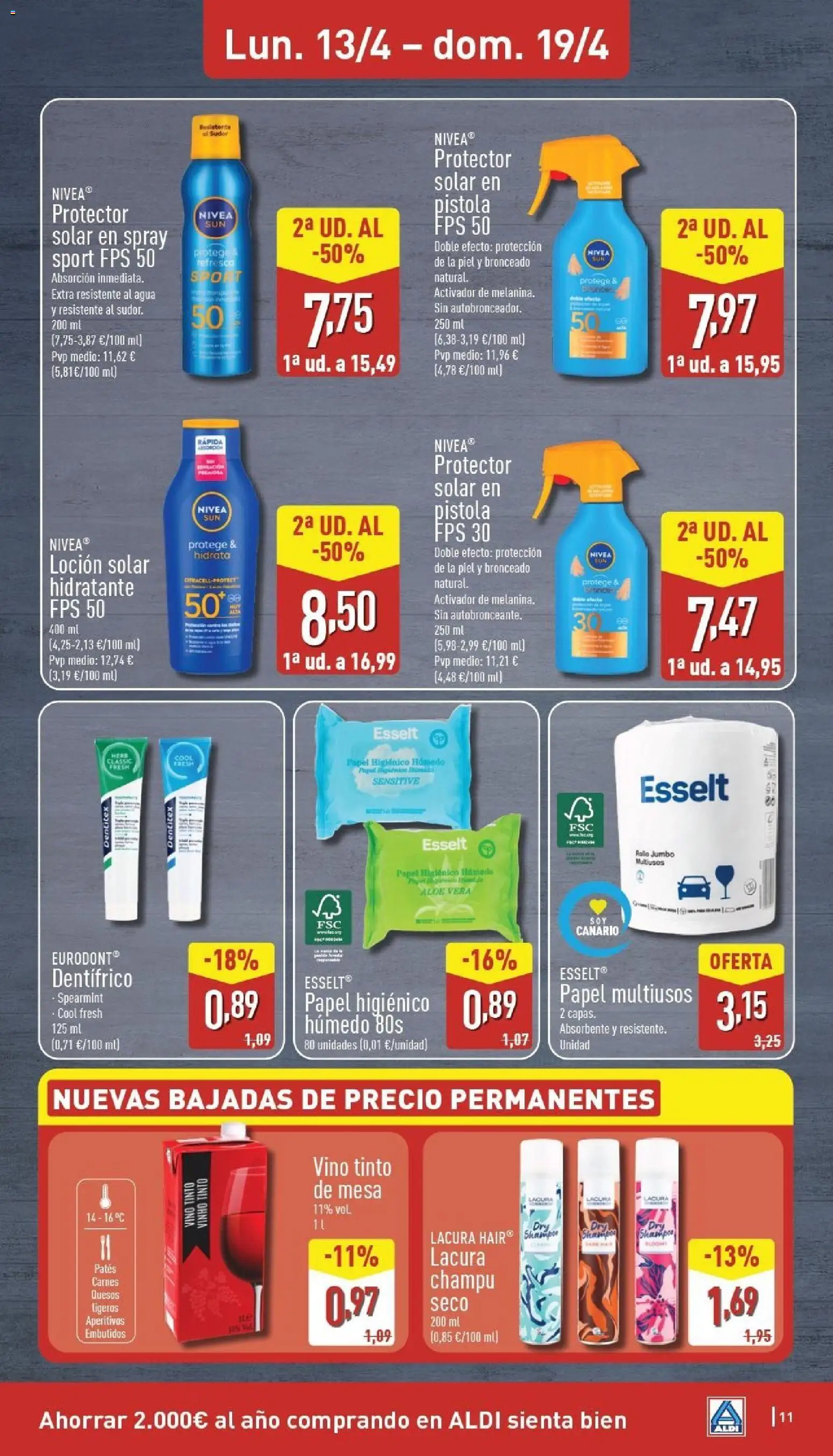 Aldi folleto Canarias │ válido desde el 13.04.2026 | Página: 11 | Productos: Protector solar, Vino, Paté, Mesa