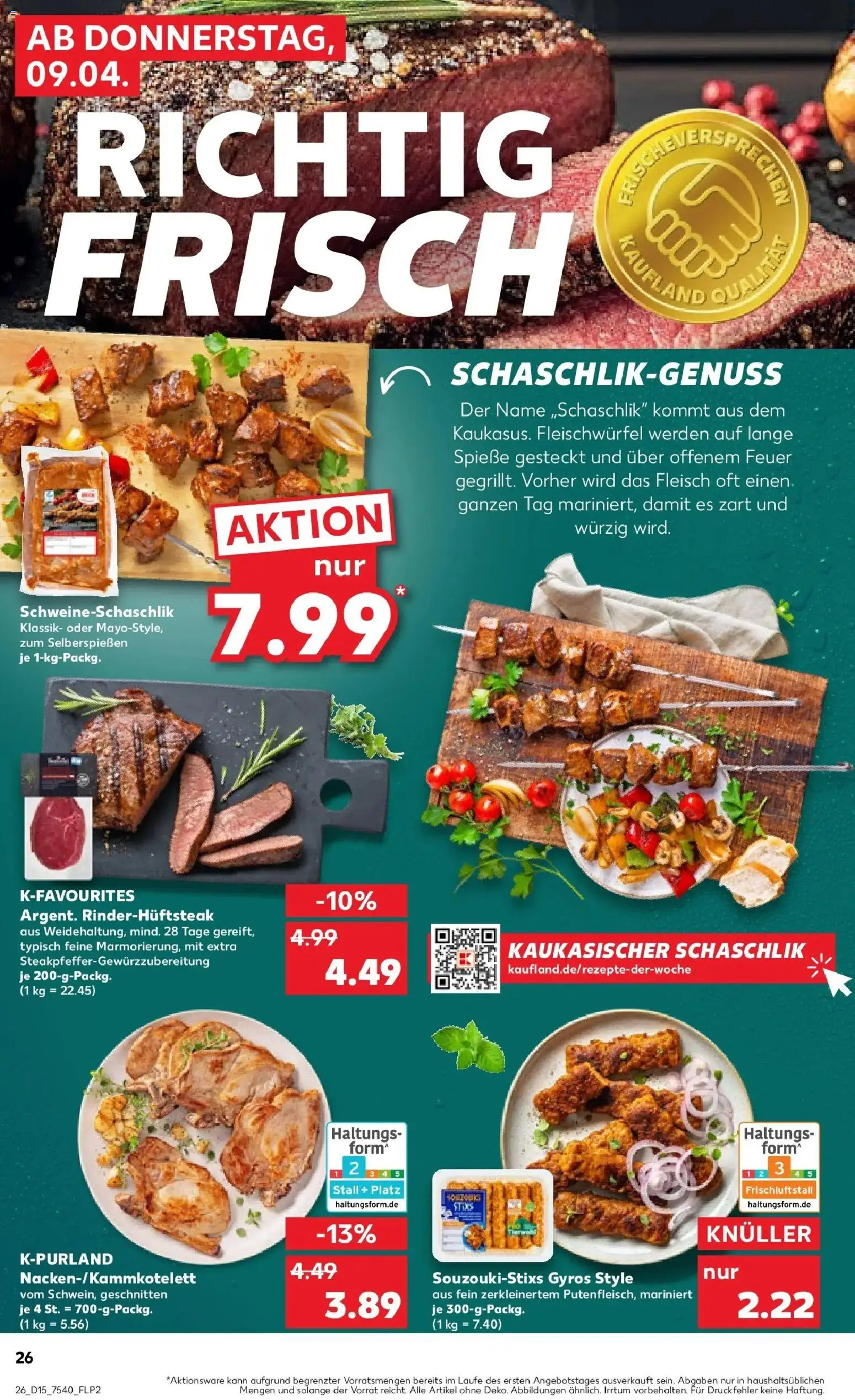 Kaufland Prospekt Oschersleben (Bode)	 – gültig ab 08.04.2026 | Seite: 26 | Produkte: Spieße, Gyros, Steak, Fleisch