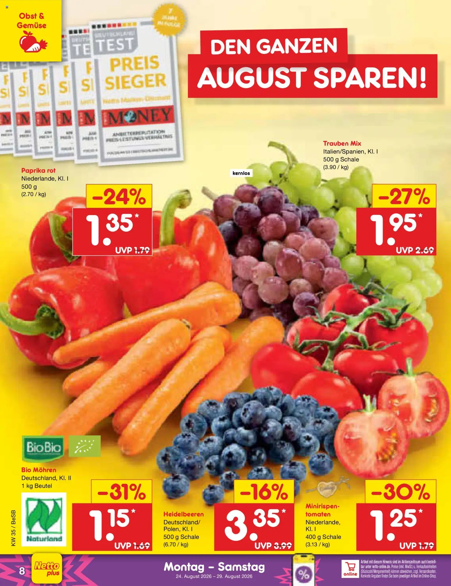 Netto Marken-Discount Prospekt – gültig ab 24.08.2026 | Seite: 10 | Produkte: Paprika rot, Gemüse, Paprika, Obst