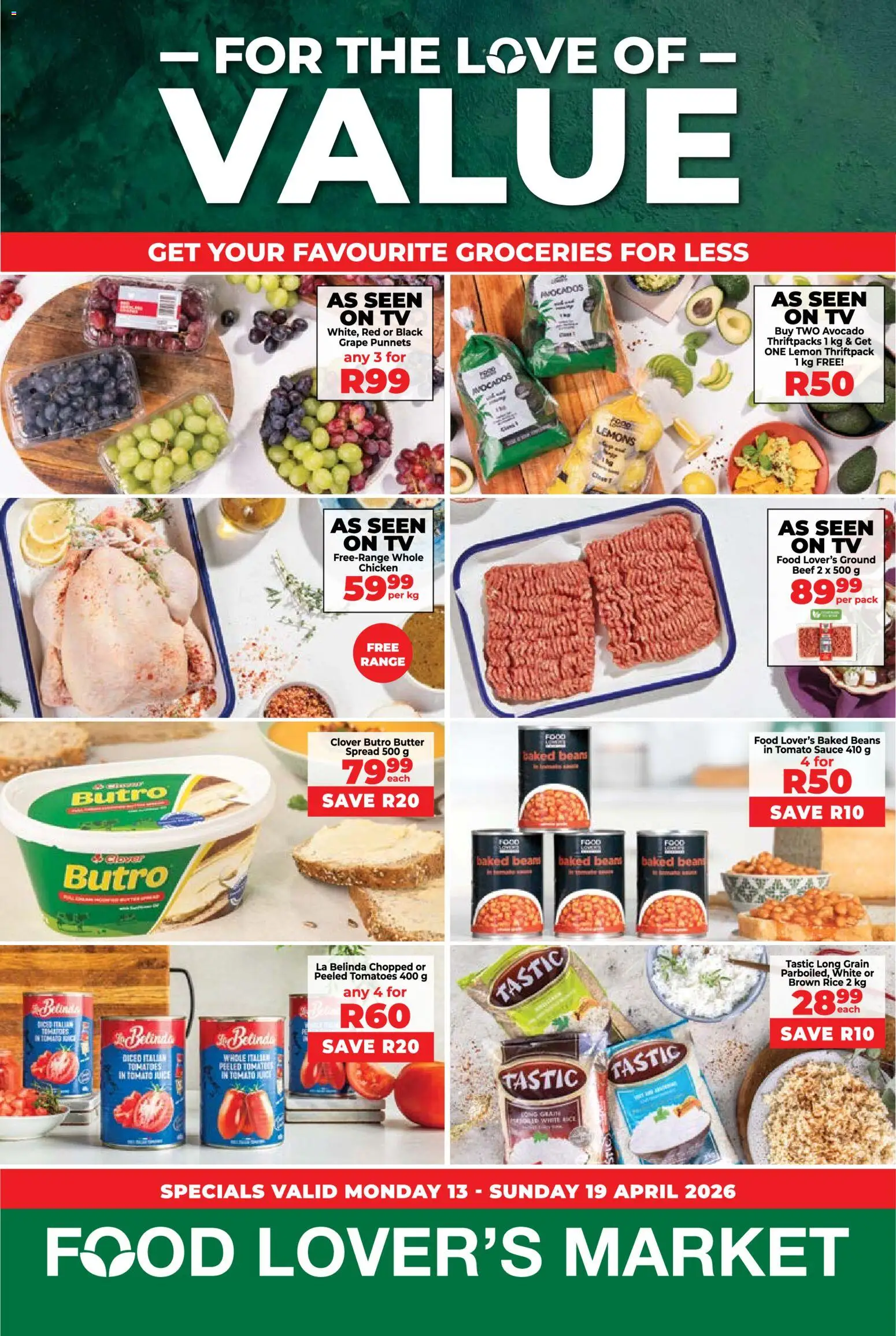 New Food Lover's Market catalogue – valid from 13.04.2026 | Page: 1 | Products: Rice, Beef, Tomato sauce, Grapes