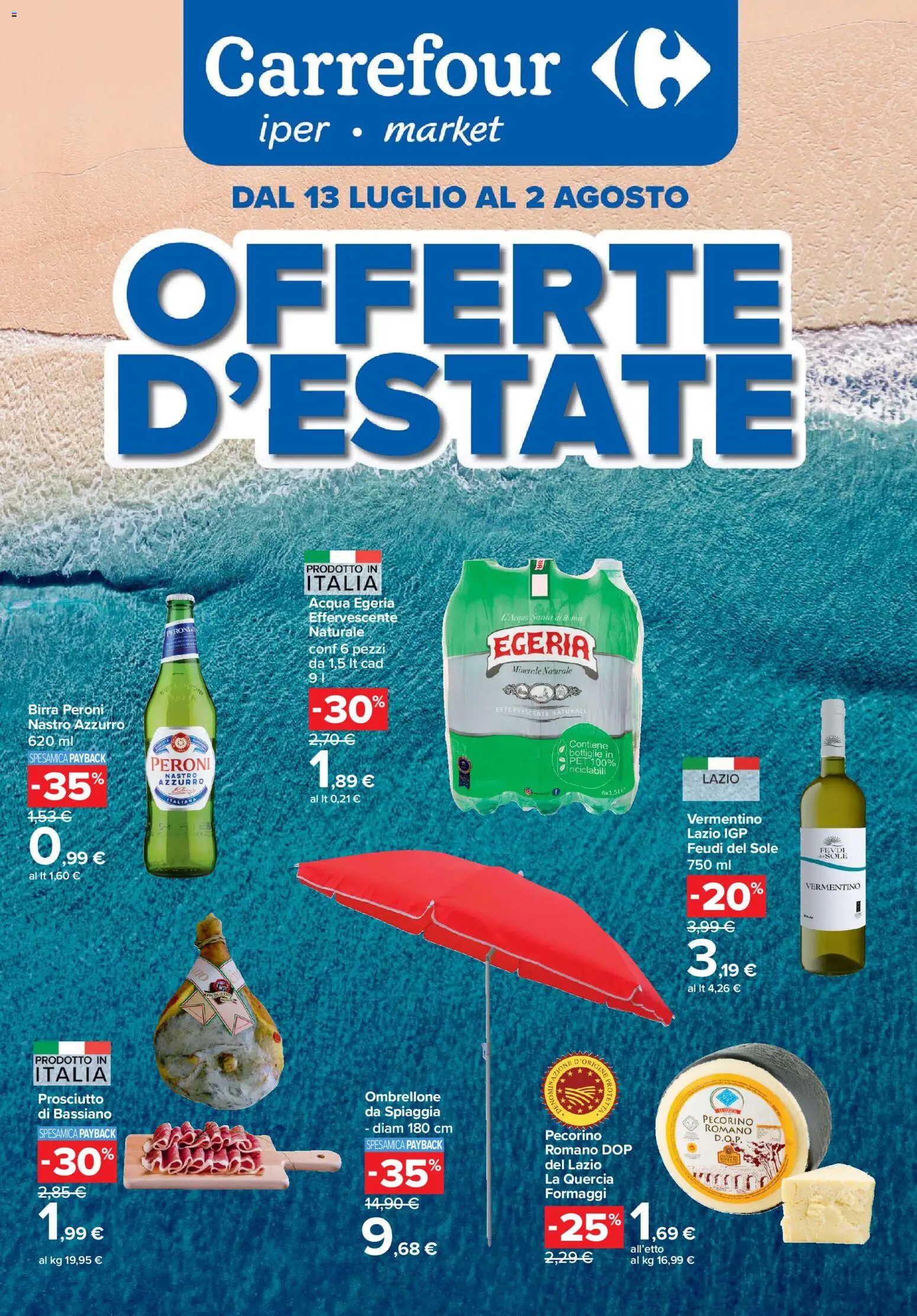 Volantino Carrefour del 13/07/2026 | Pagina: 1 | Prodotti: Acqua, Prosciutto, Pecorino Romano, Pecorino