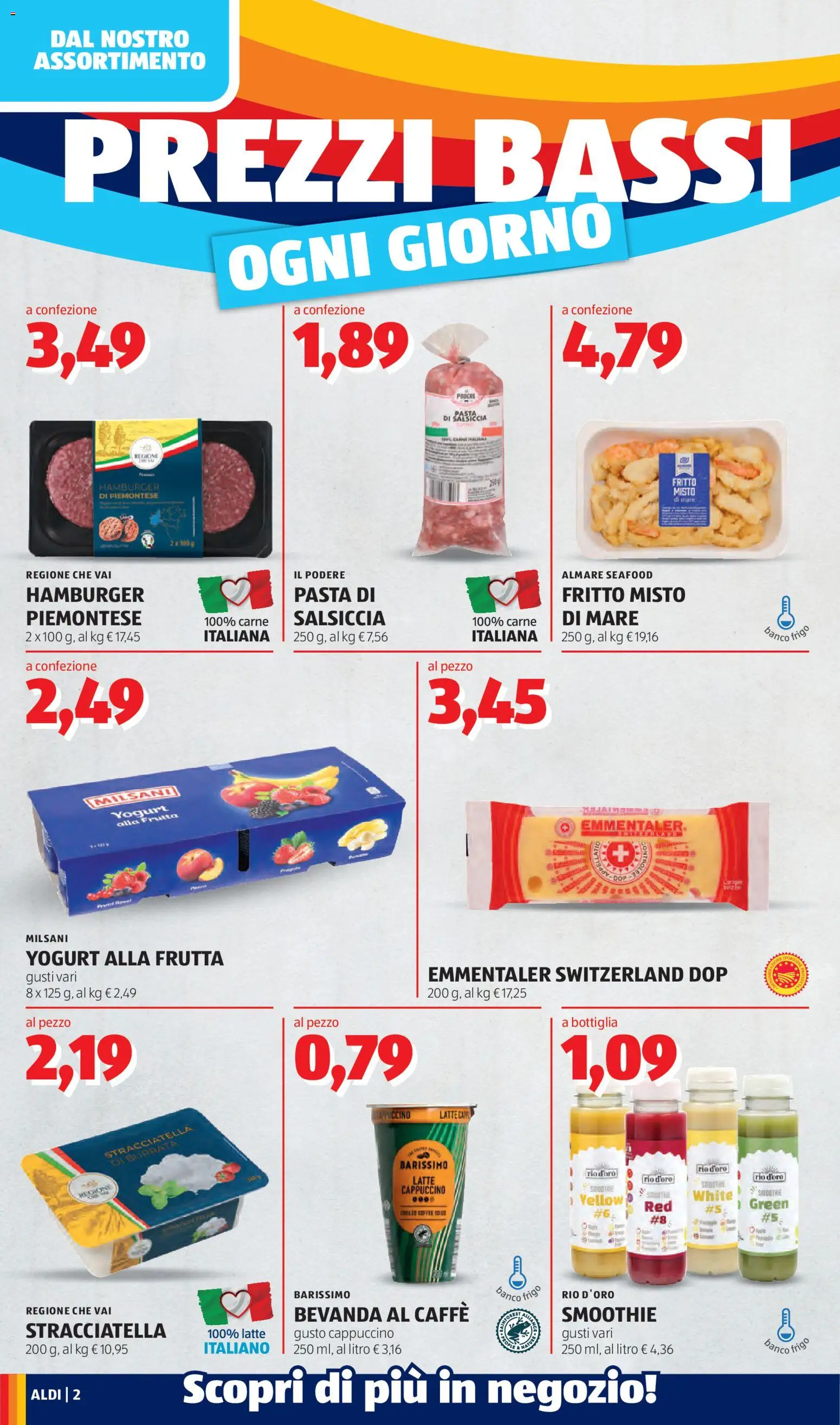 Volantino Aldi del 27/07/2026 | Pagina: 2 | Prodotti: Frutta, Salsiccia, Pasta, Bottiglia
