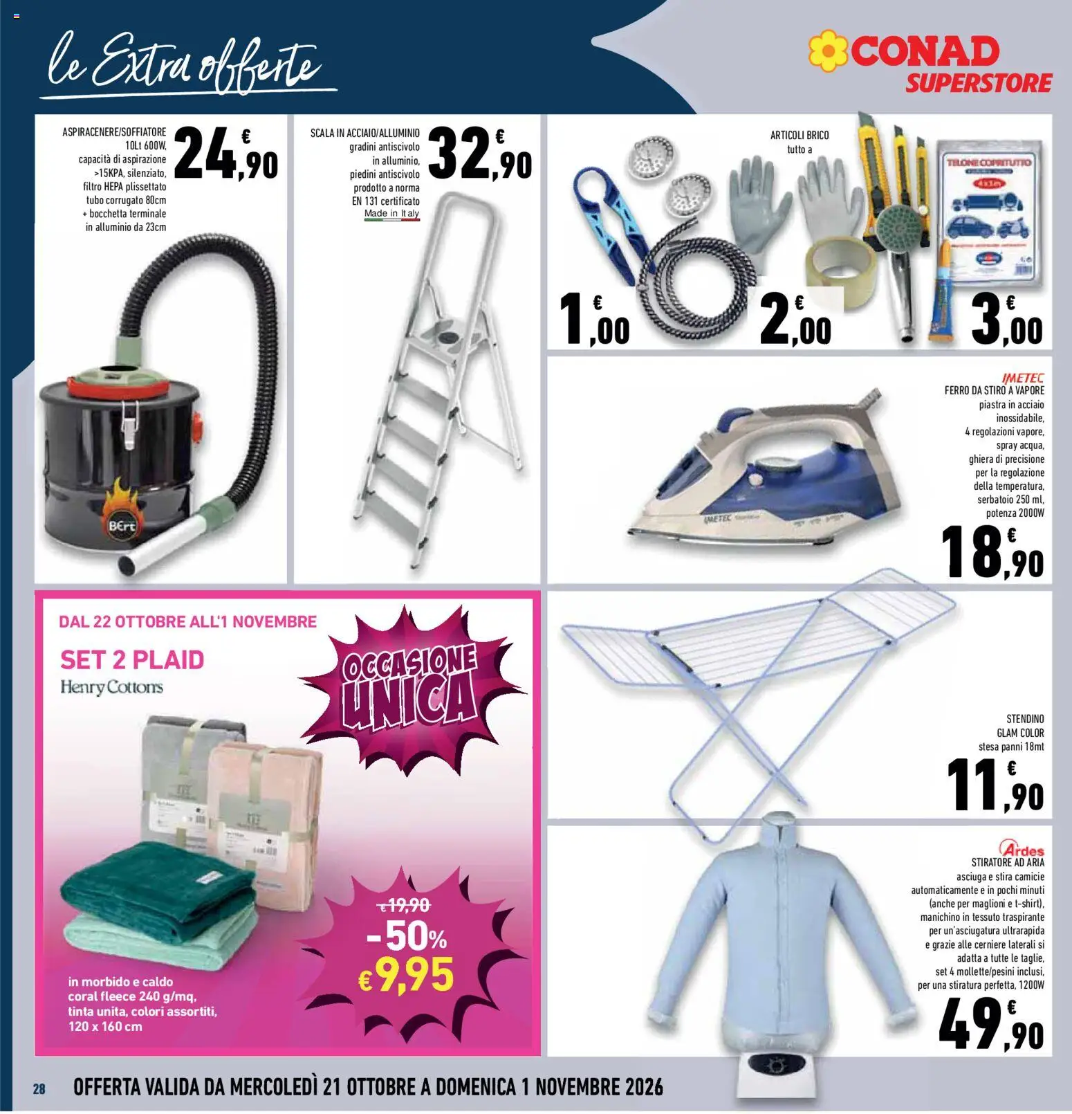 Volantino Conad del 21/10/2026 | Pagina: 28 | Prodotti: Plaid, Manichino, Filtro HEPA, Scala