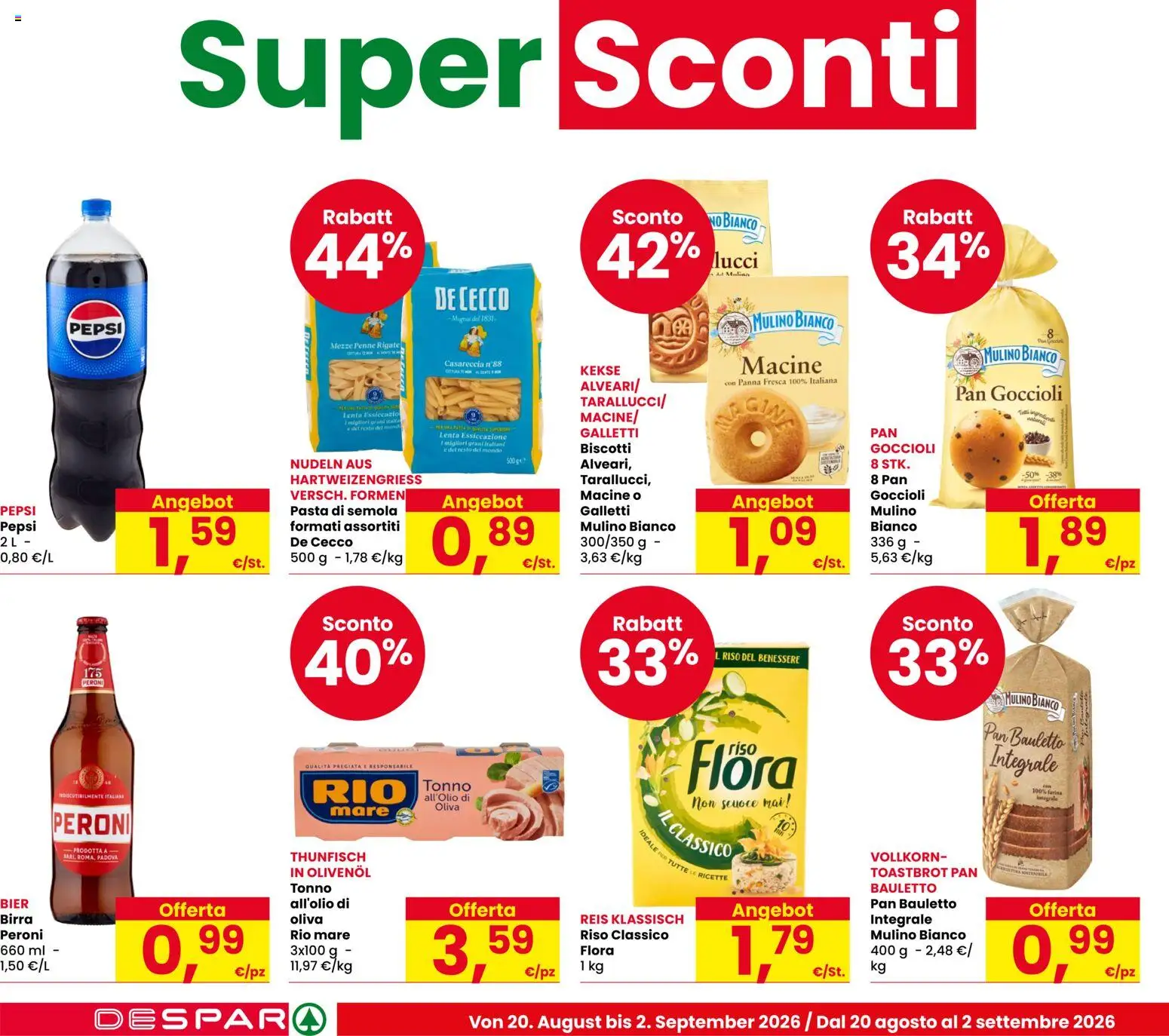 Volantino Despar del 20/08/2026 | Pagina: 6 | Prodotti: Birra, Riso, De Cecco, Pasta di semola