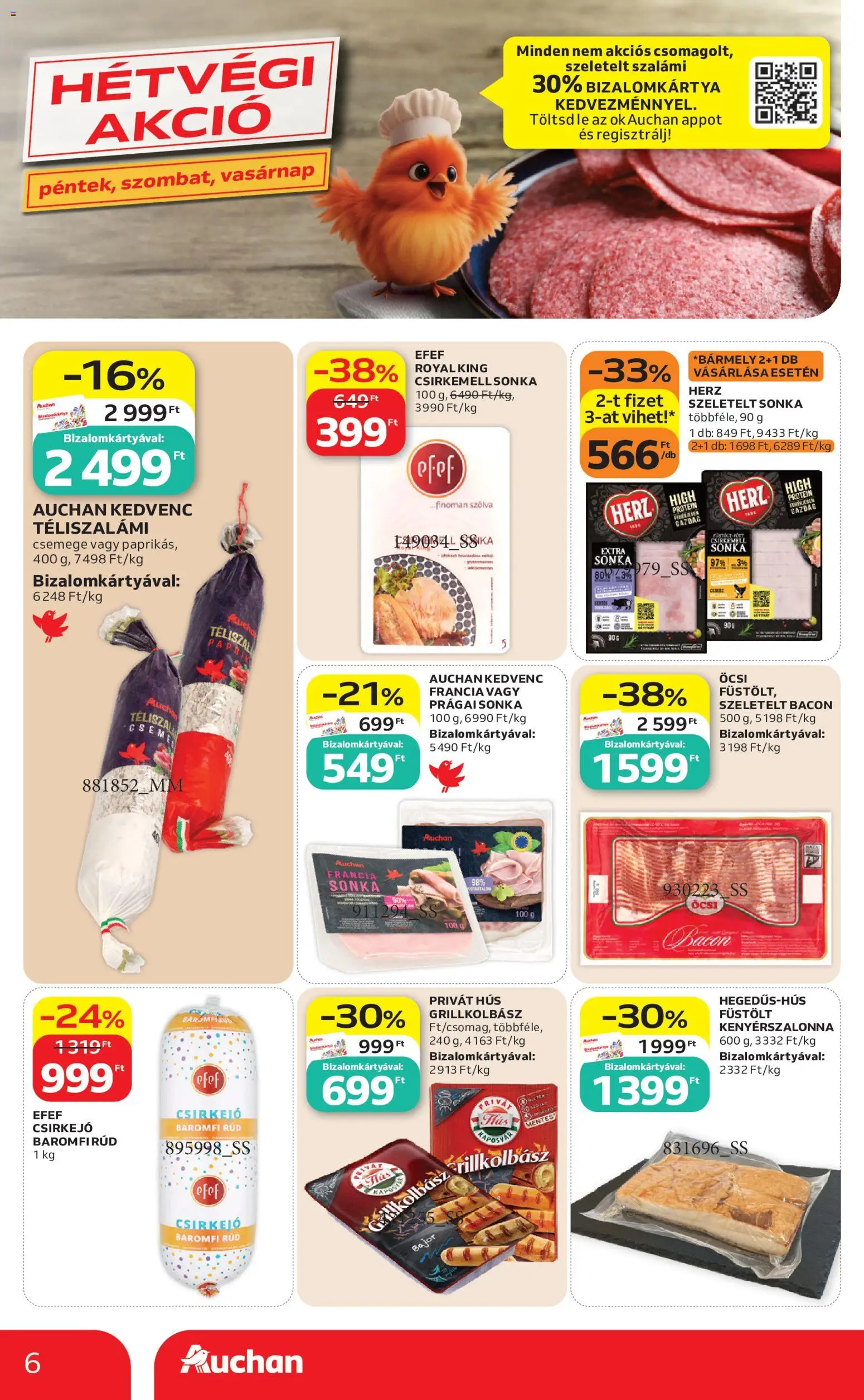 Auchan akciós ujság - amely érvényes a következő dátumtól: 2026.07.16. | Oldal: 6 | Termékek: Grillkolbász, Hús, Protein, Csirkemell