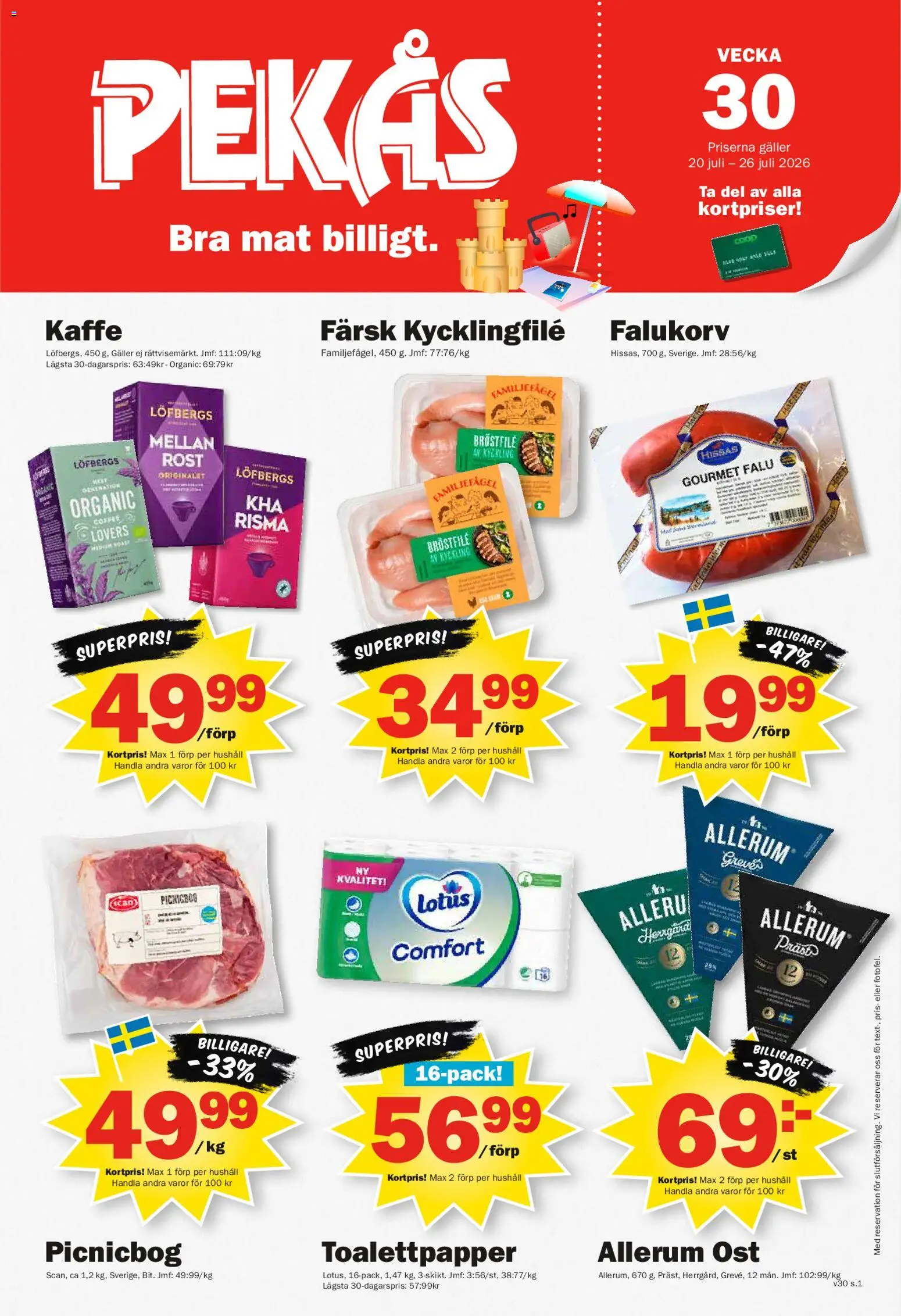 Pekås reklamblad aktuell från 20/07/2026 | Sida: 1 | Produkter: Toalettpapper, Falukorv, Ost, Kaffe