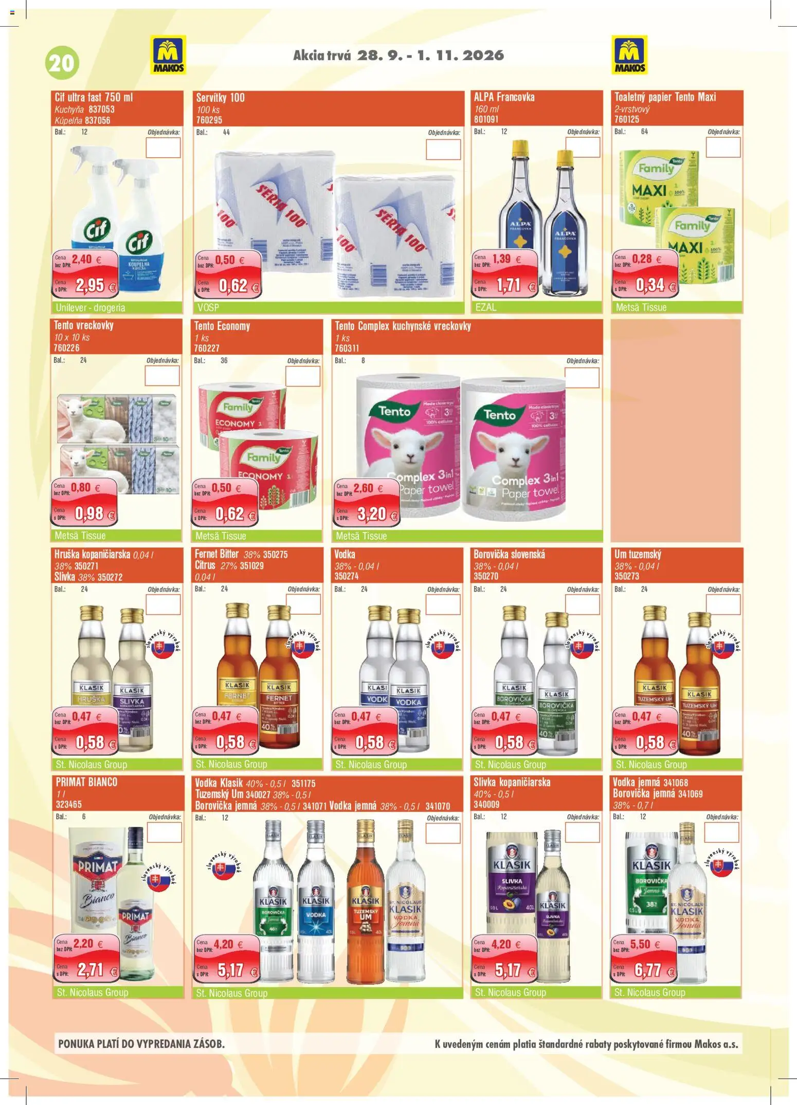 Nové Makos akcie – leták je platný od 28.09.2026 | Strana: 20 | Produkty: Kuchyňa, Kúpelňa, Borovička