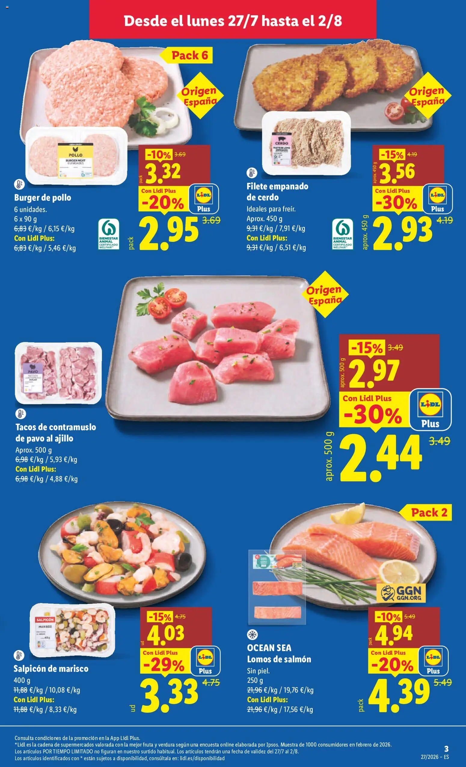 Lidl folleto │ válido desde el 27/07/2026 | Página: 3 | Productos: Cerdo, Tacos, Filete
