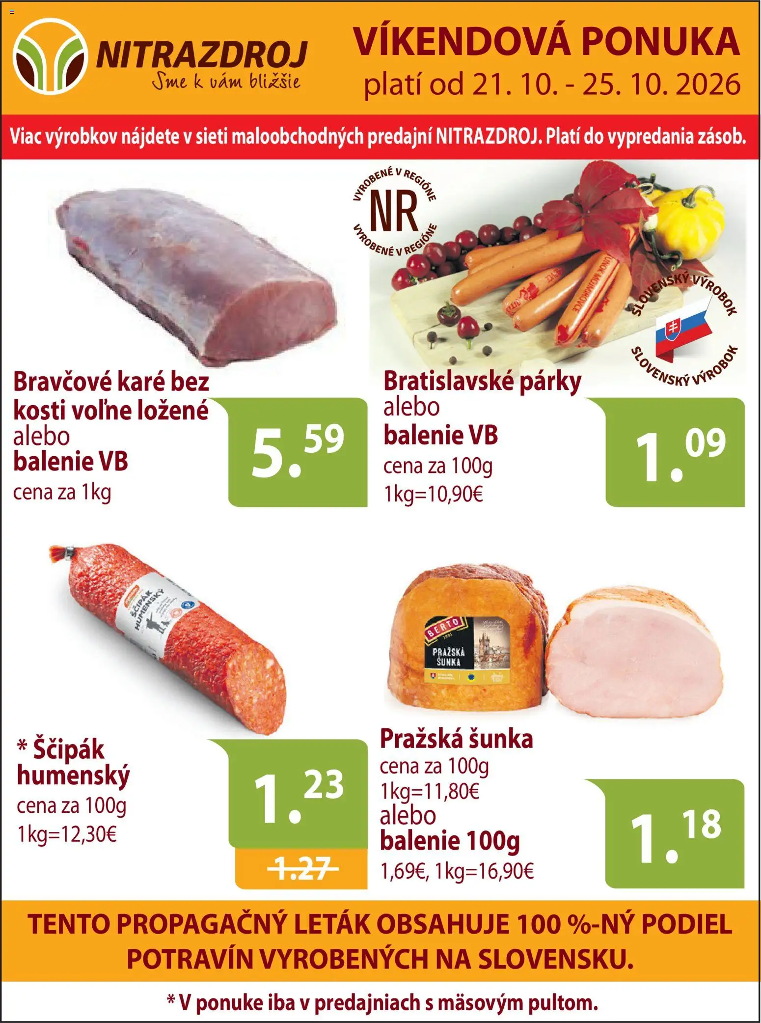 Nové Nitrazdroj akcie – leták je platný od 14.10.2026 | Strana: 1 | Produkty: Šunka, Párky, Bravčové karé