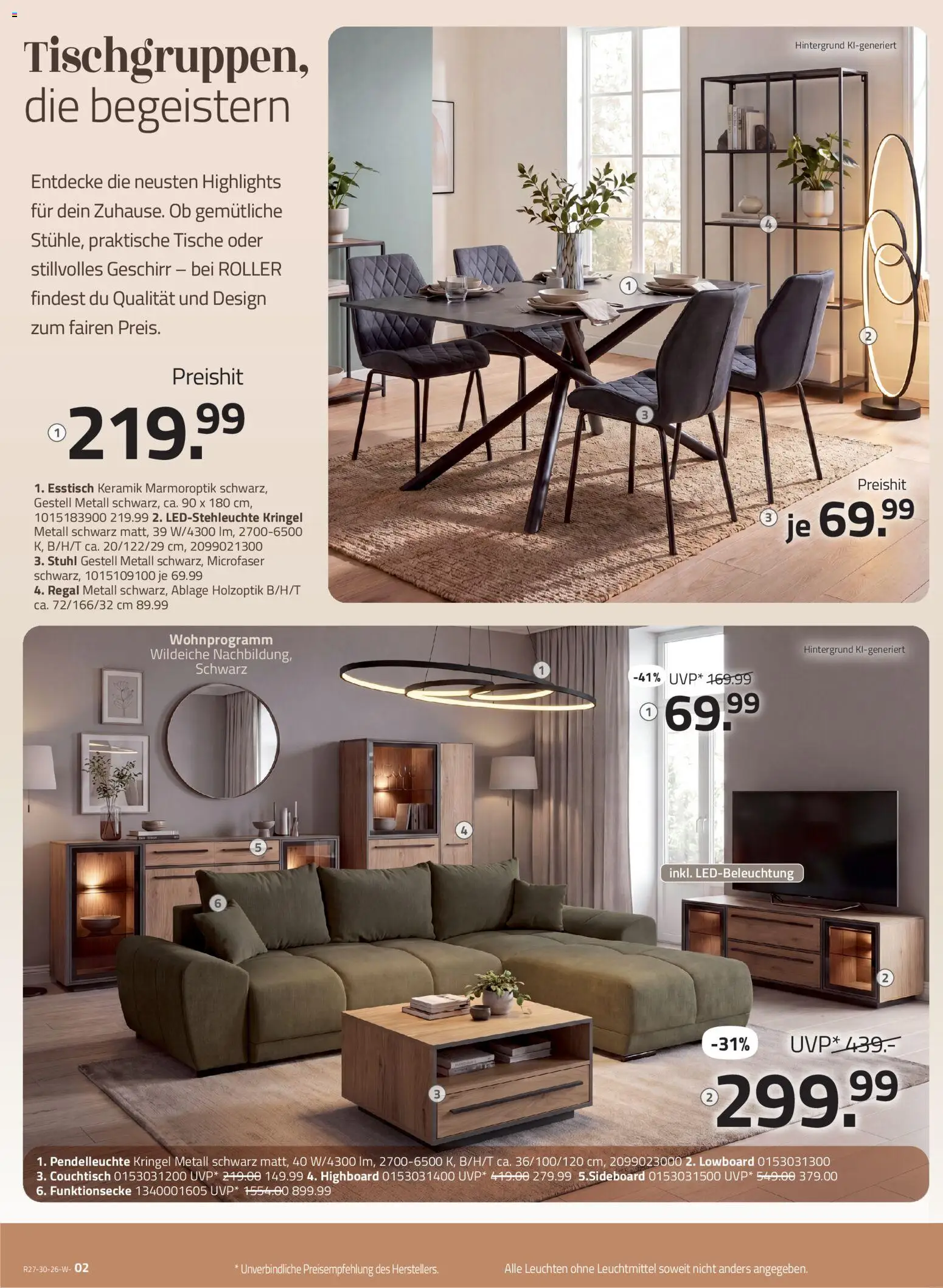 Roller Speisen Katalog – gültig ab 28.06.2026 | Seite: 2 | Produkte: Lowboard, Esstisch, Regal, Stuhl