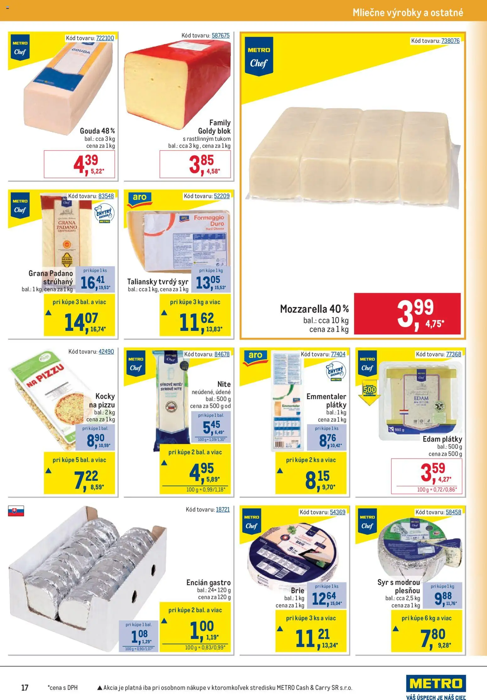 Nové Metro akcie – leták je platný od 09.09.2026 | Strana: 17 | Produkty: Mozzarella, Grana Padano, Encián, Tvrdý syr