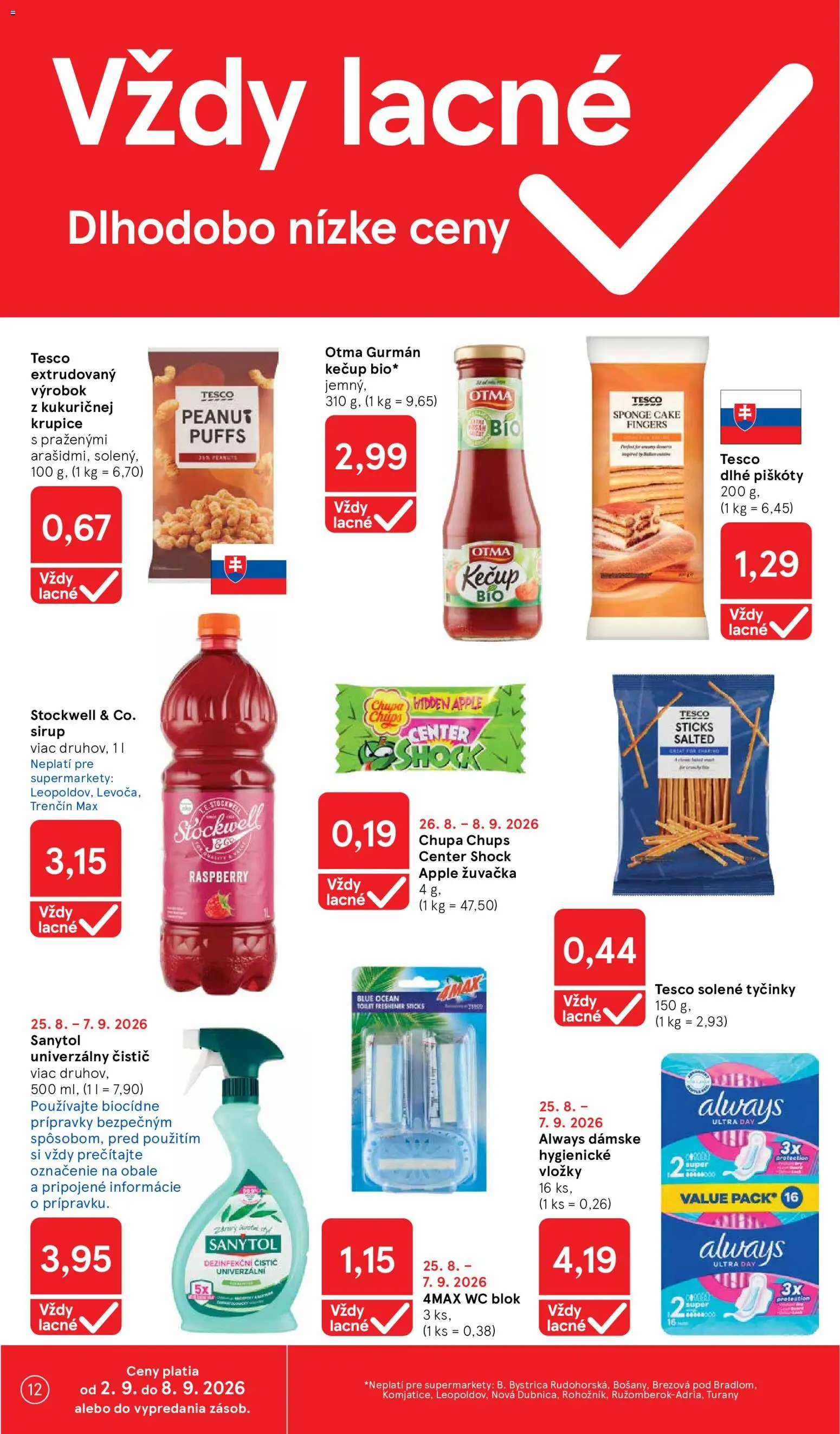 Nové Tesco akcie – leták je platný od 02.09.2026 | Strana: 12 | Produkty: Piškóty, Wc, Sanytol, Wc blok