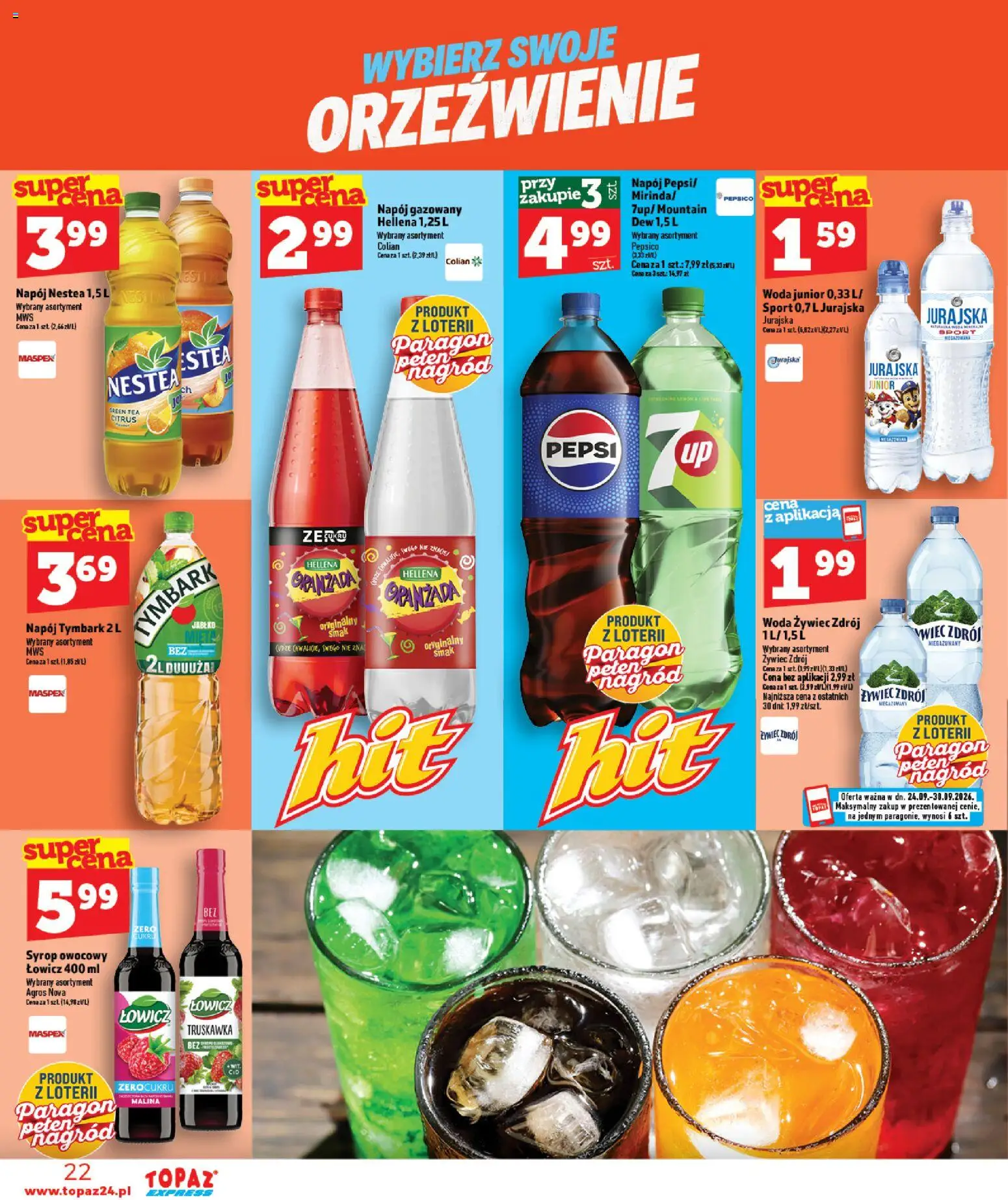 Topaz gazetka - Express od 24.09.2026 | Strona: 22 | Produkty: Oranżada, Woda Żywiec Zdrój, Tymbark, Pepsi