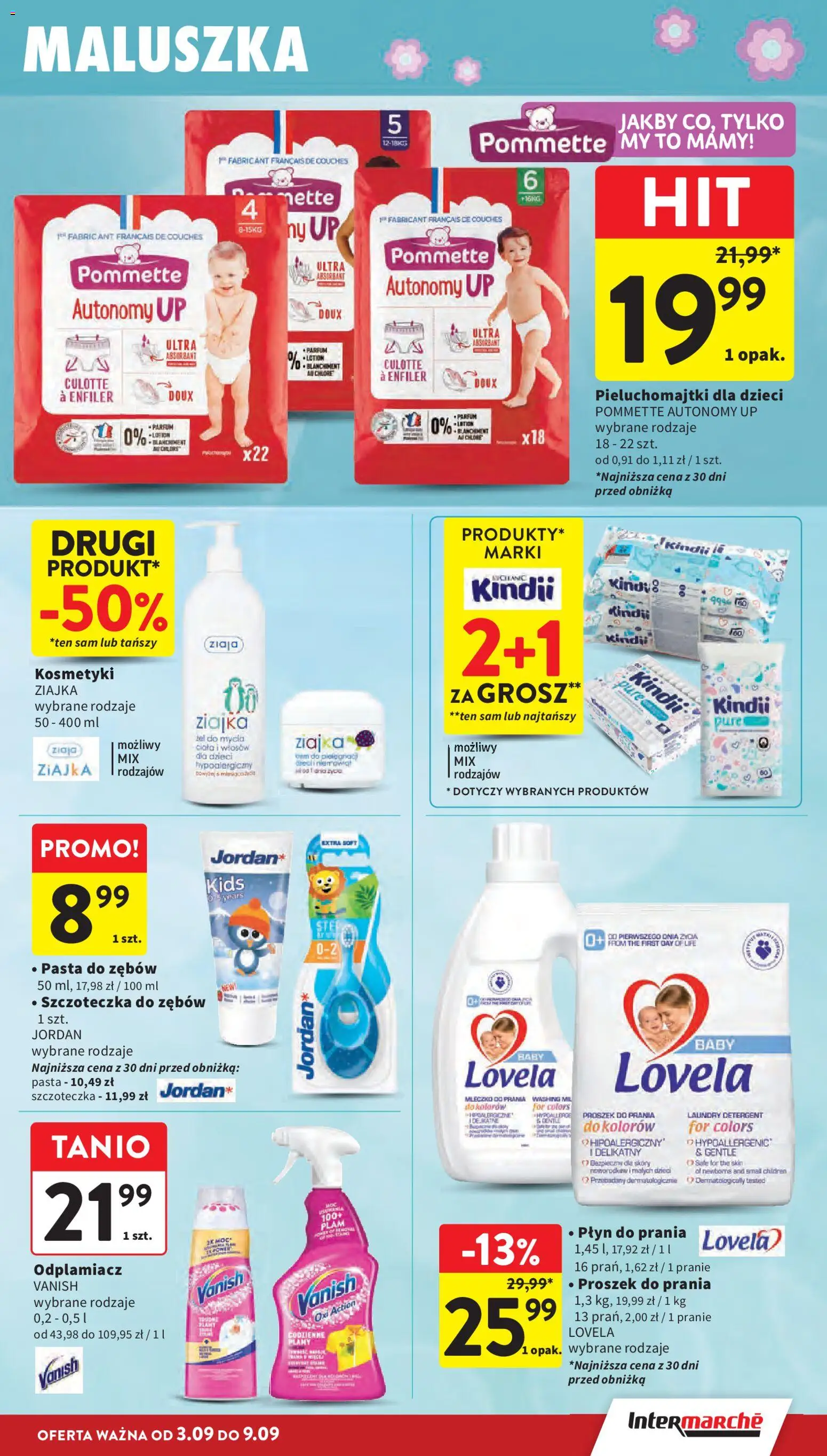Intermarche gazetka od 03.09.2026 | Strona: 35 | Produkty: Pieluchomajtki, Szczoteczka do zębów, Detergent, Lotion