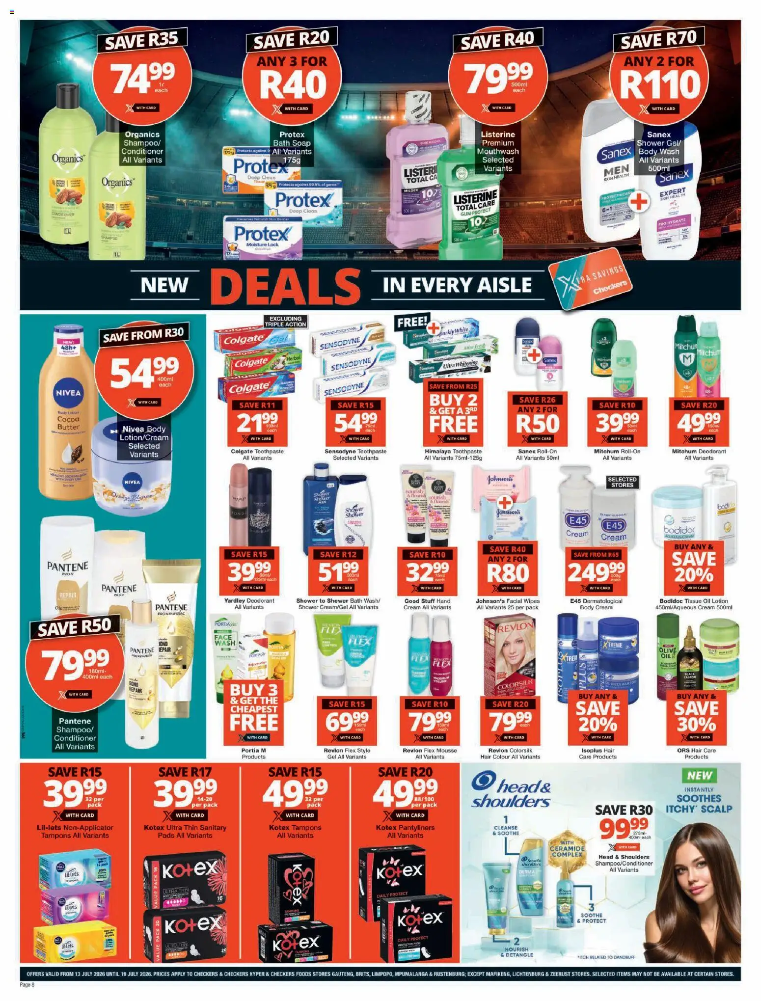 New Checkers catalogue – valid from 13/07/2026 | Page: 8 | Products: Tissue oil, Shower, Hair colour, Lotion