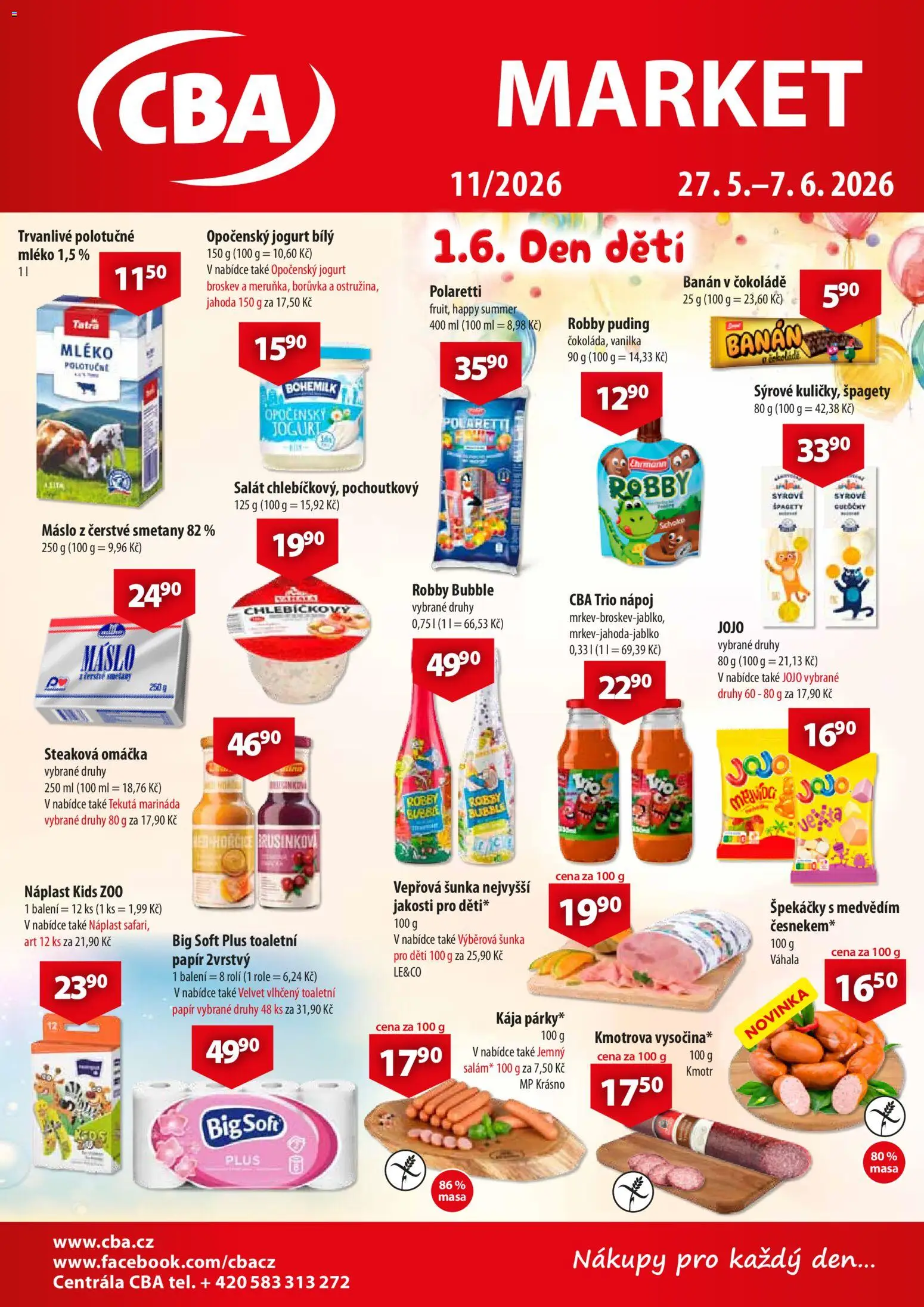CBA leták - Market od 27.05.2026 | Strana: 1 | Produkty: Náplast, Špekáčky, Banán, Špagety