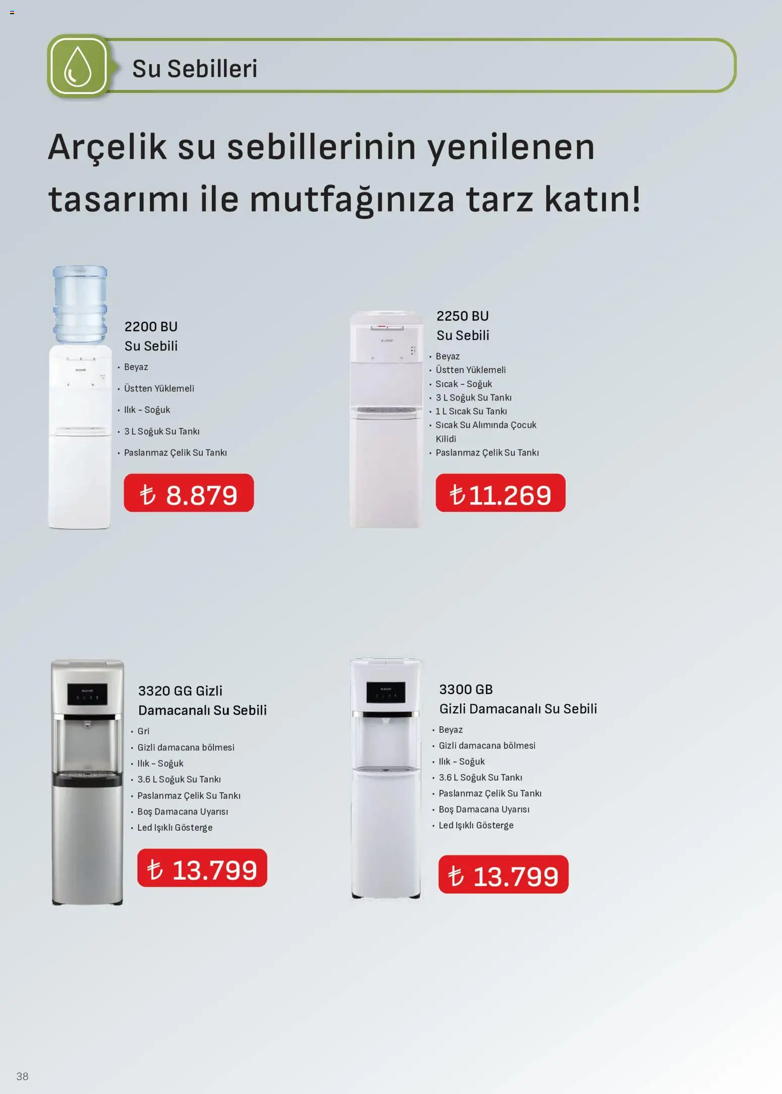 Arçelik - İklimlendirme Kataloğu - 01 Ağustos 2026 tarihinden itibaren geçerlidir | Sayfa: 38 | Ürünler: Su, Su sebili