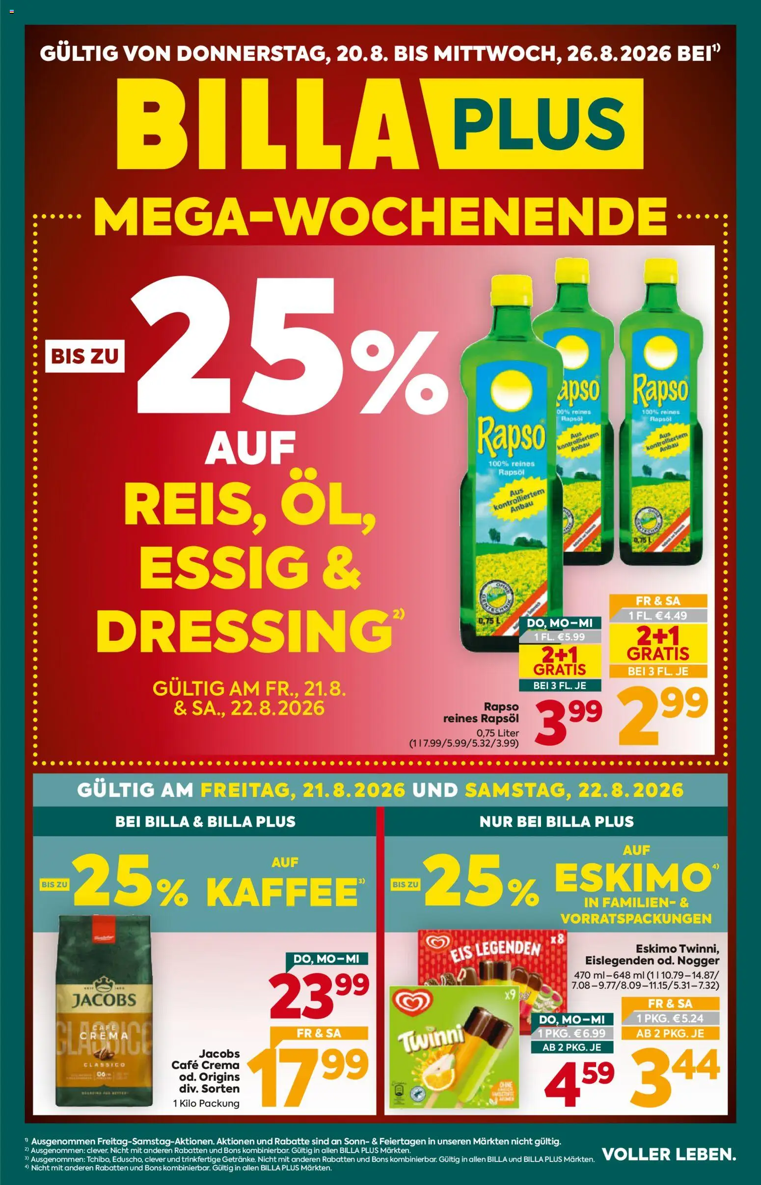 Billa Plus Flugblatt gültig ab 20.08.2026 | Seite: 1 | Produkte: Eis, Rapsöl