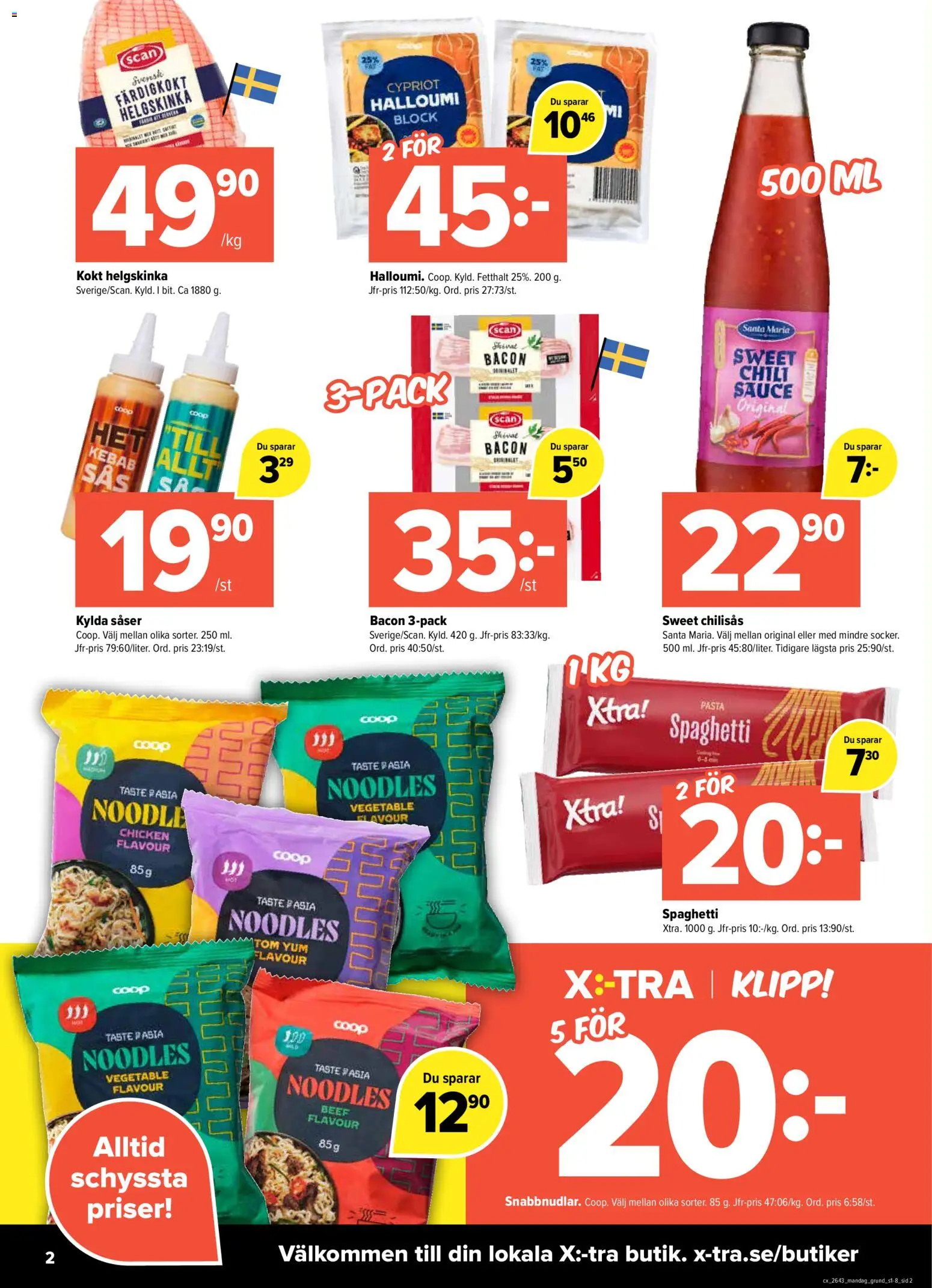 Coop X:-TRA reklamblad aktuell från 19/10/2026 | Sida: 2 | Produkter: Bacon, Halloumi, Sweet chilisås, Spaghetti