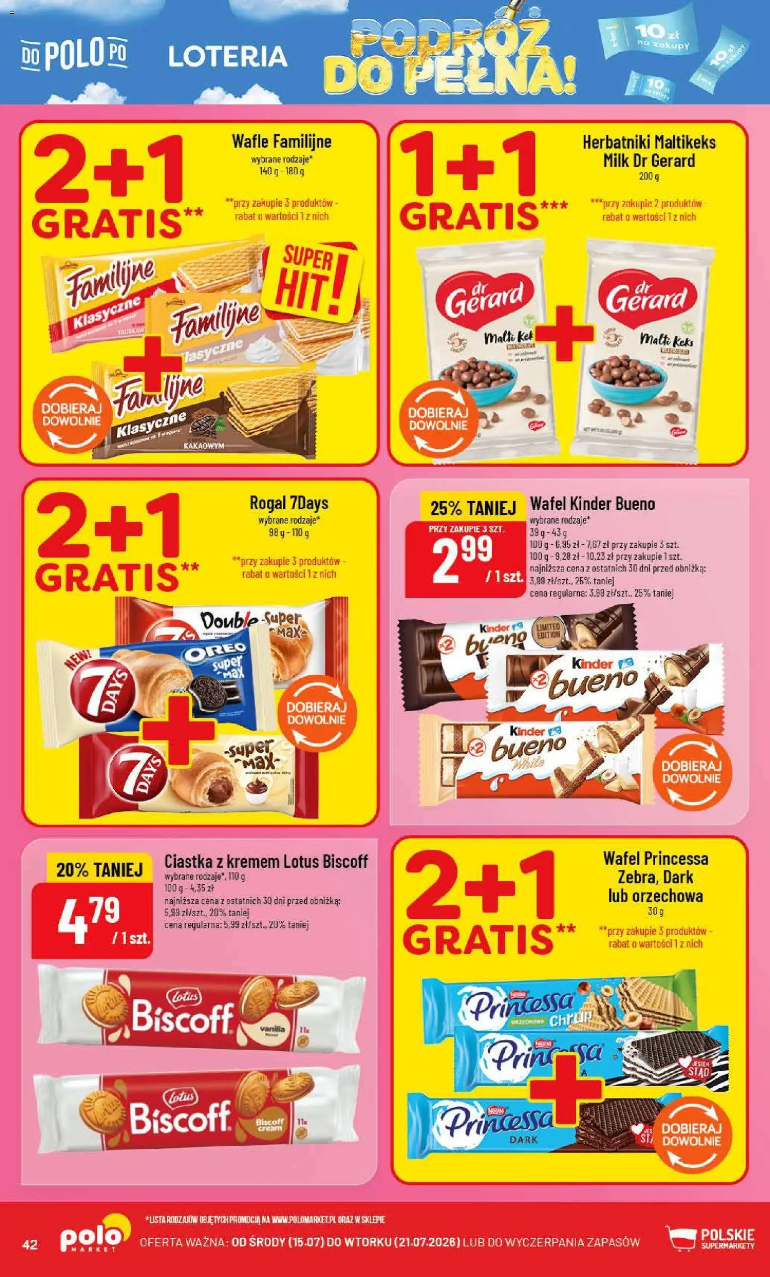 POLOmarket gazetka od 15.07.2026 | Strona: 42 | Produkty: Ciastka z kremem, Wafle, Kinder Bueno, Ciastka