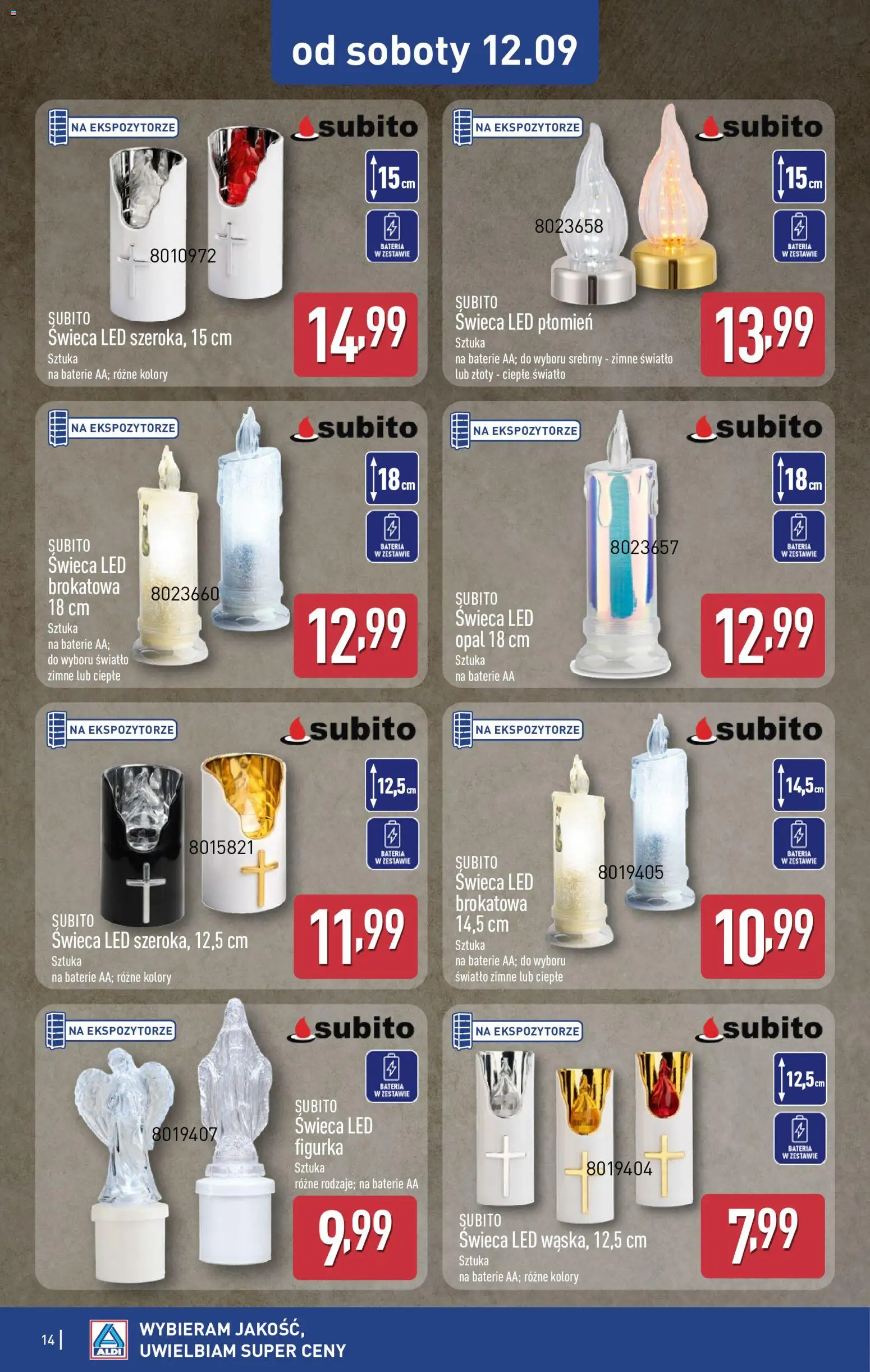 Aldi gazetka - Hity od Środy i od Soboty od 09.09.2026 | Strona: 14 | Produkty: Świeca, Baterie, Bateria, Baterie AA