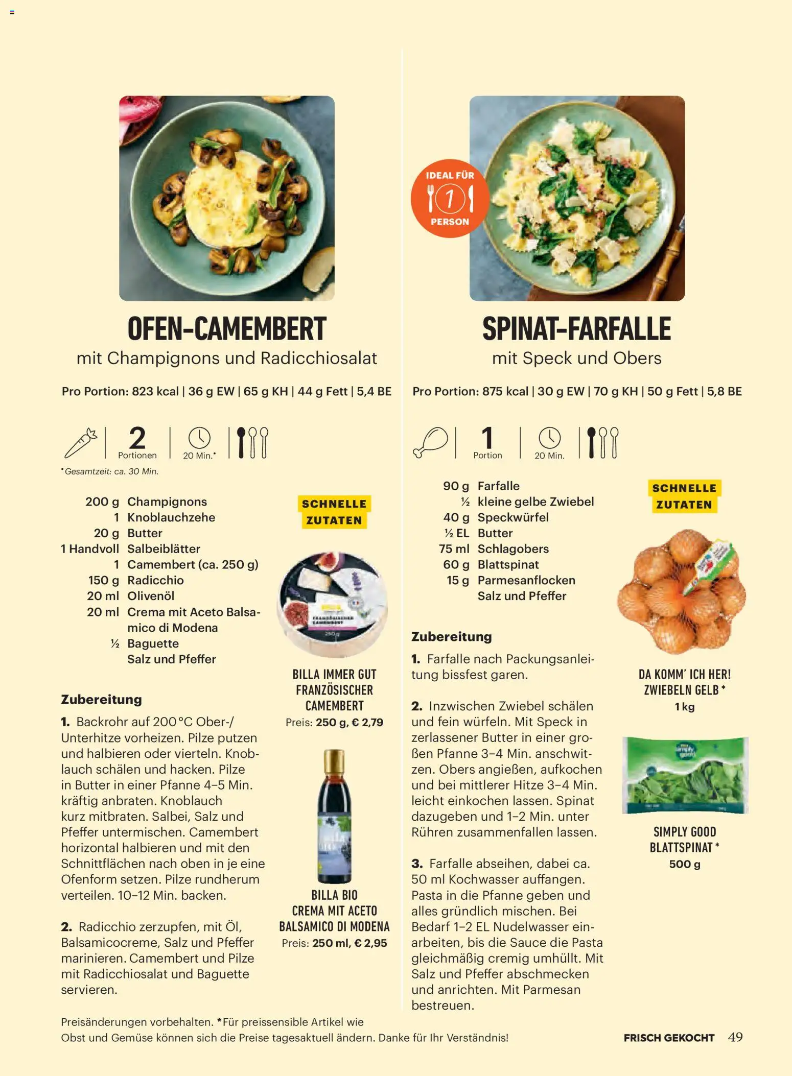 Billa AT akciós ujság - amely érvényes a következő dátumtól: 2026.11.01. | Oldal: 49 | Termékek: Farfalle, Camembert, Baguette