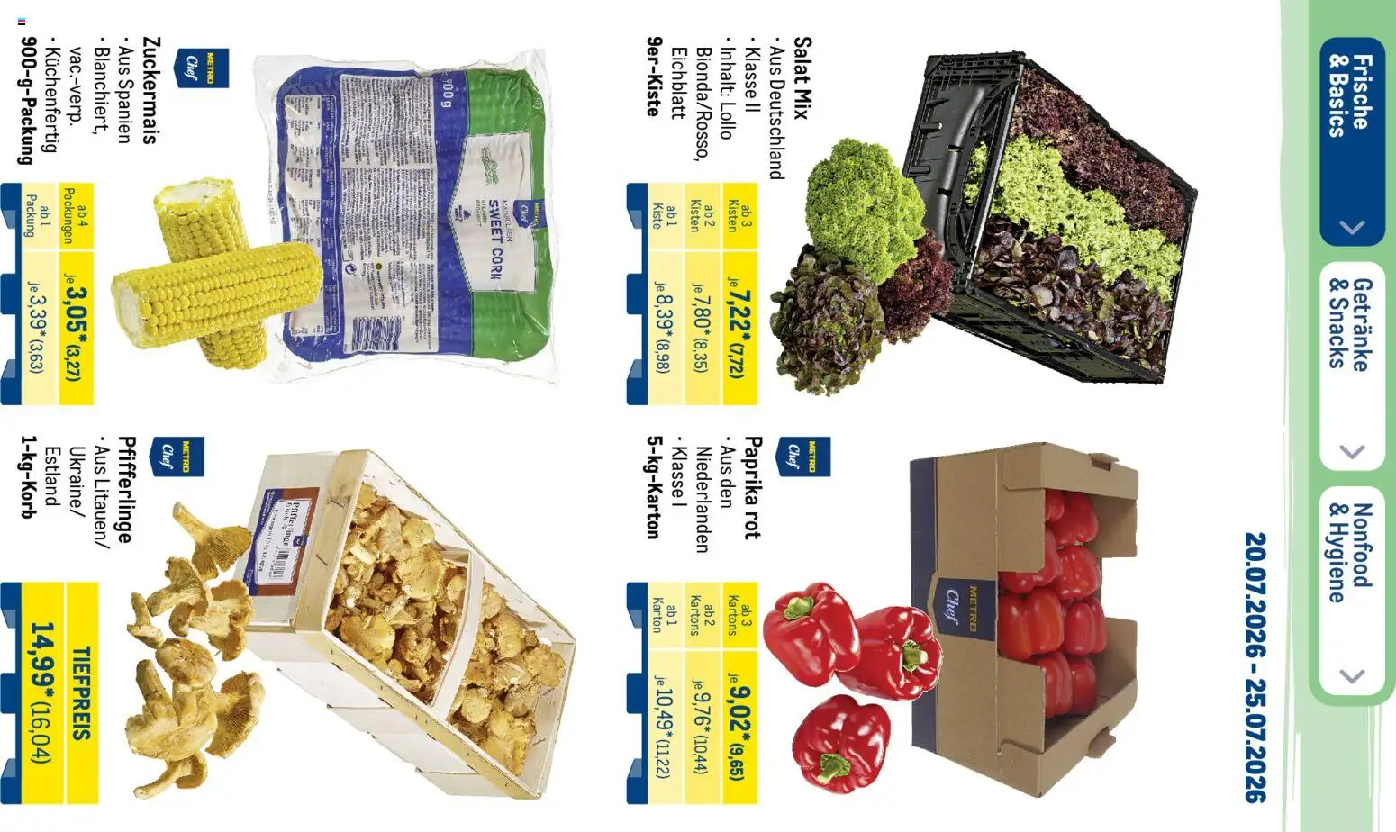 Metro Prospekt – gültig ab 20.07.2026 | Seite: 11 | Produkte: Mais, Paprika rot, Pfifferlinge, Salat