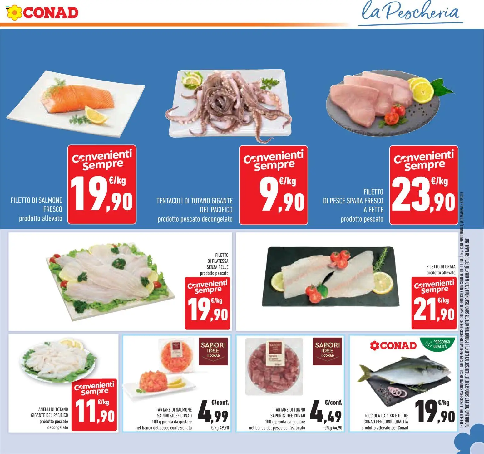 Volantino Conad del 26/08/2026 | Pagina: 15 | Prodotti: Filetto di salmone, Orata, Totano, Pesce spada