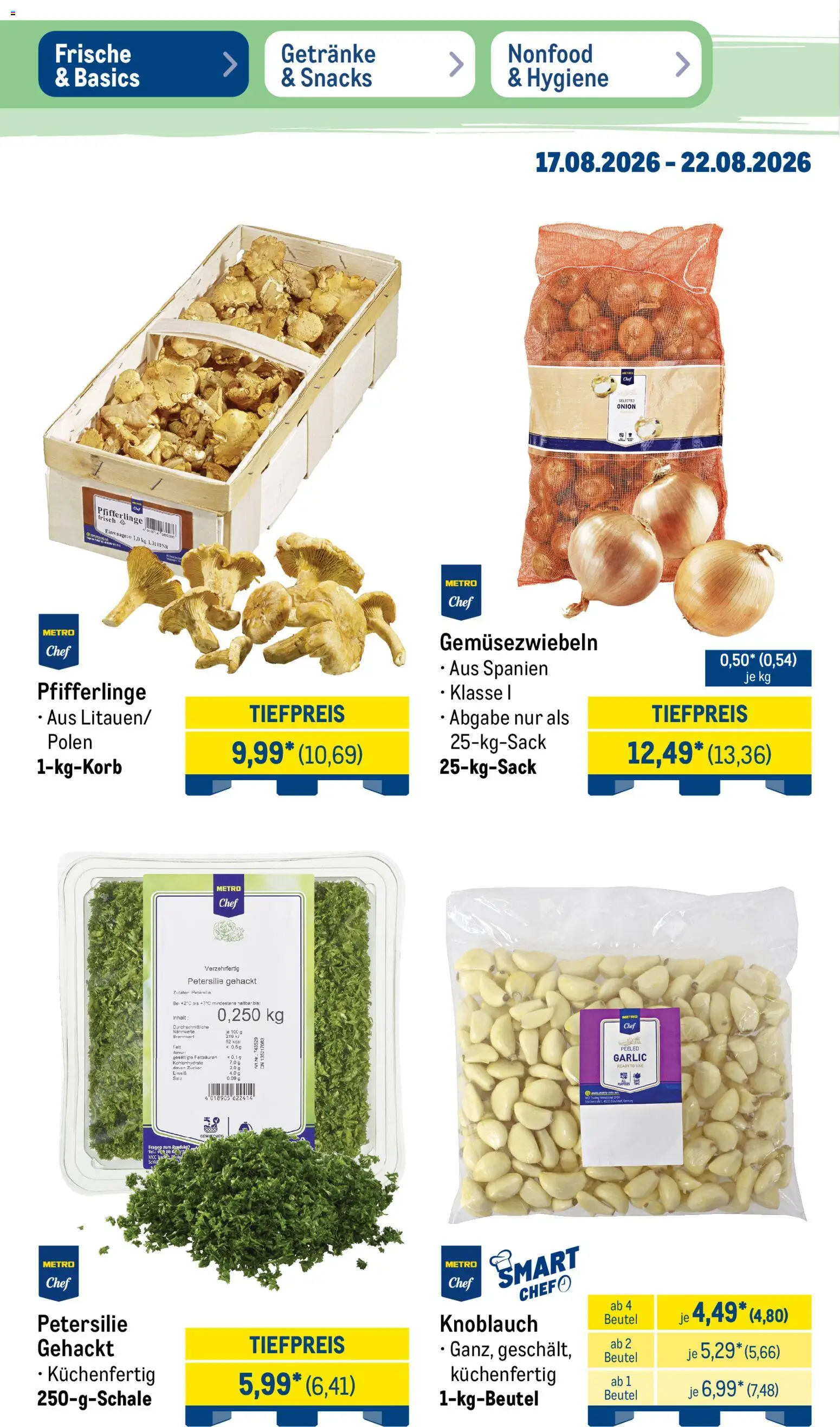 Metro Prospekt – gültig ab 17.08.2026 | Seite: 10 | Produkte: Zucker, Knoblauch, Pfifferlinge, Petersilie