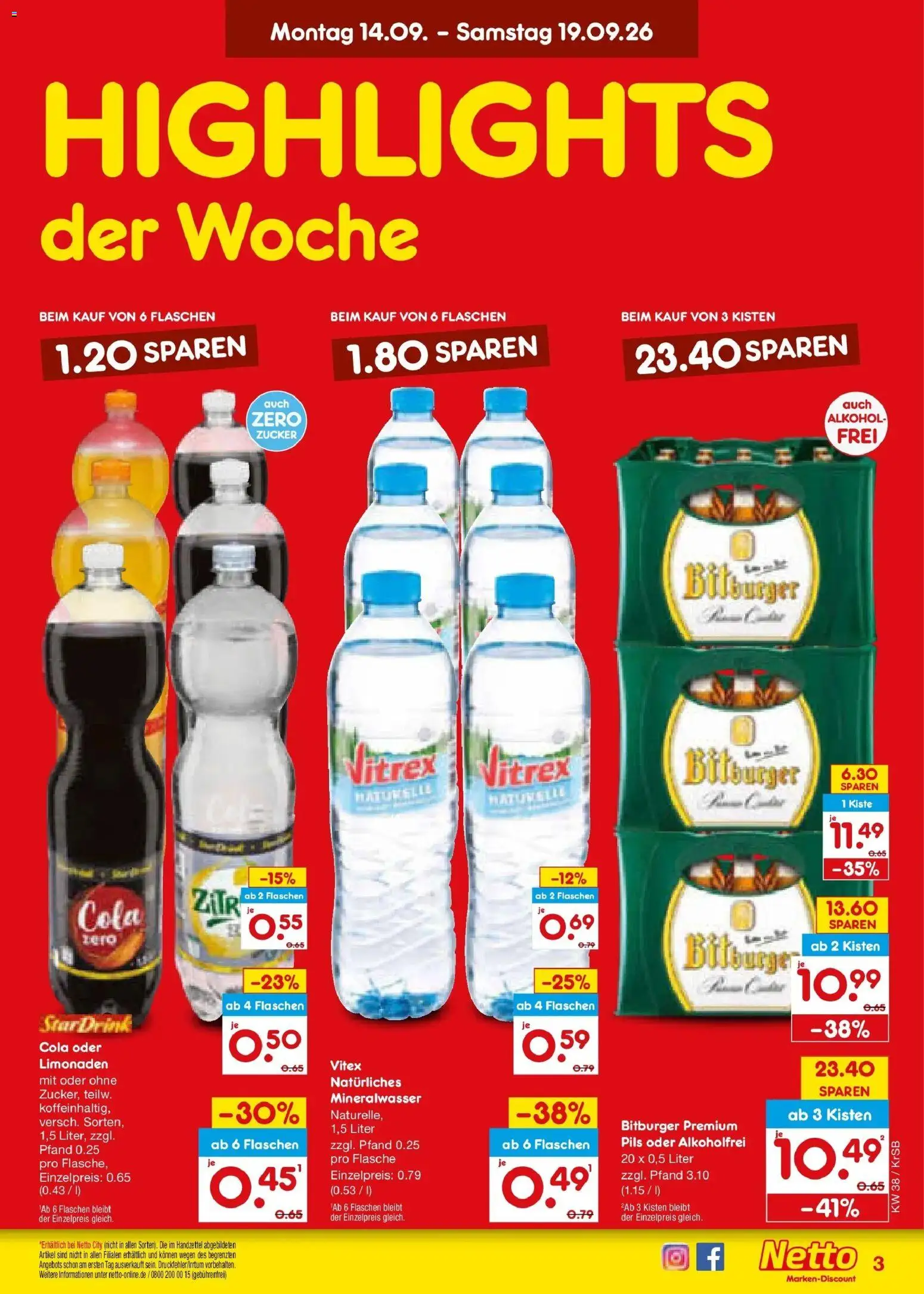Netto Marken-Discount Prospekt Baesweiler – gültig ab 14.09.2026 | Seite: 3 | Produkte: Bitburger, Pils, Mineralwasser, Alkohol