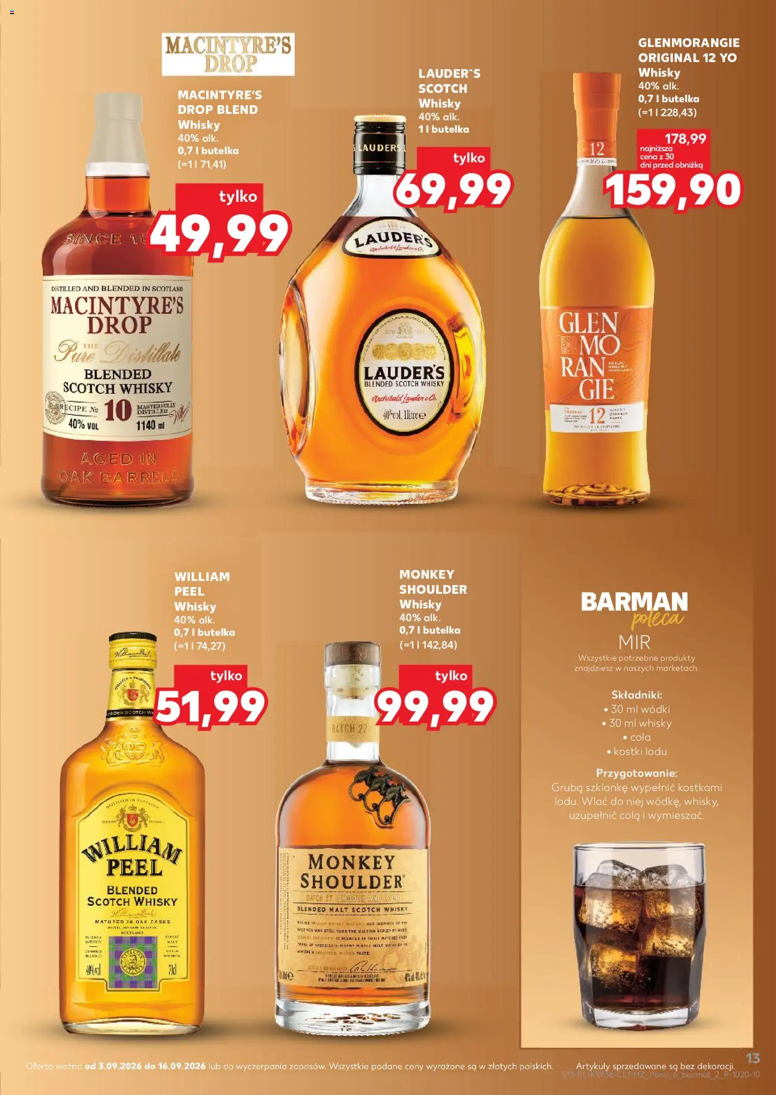 Kaufland Polsko leták - Barek od 03.09.2026 | Strana: 13 | Produkty: Whisky, Monkey Shoulder, Cola