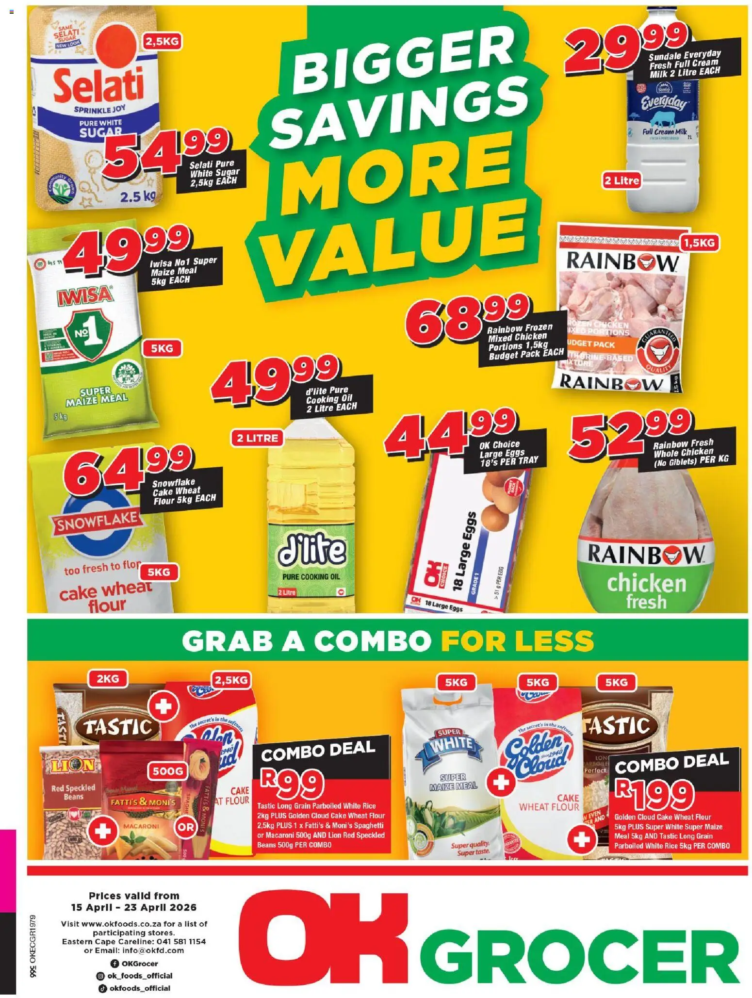 New OK Foods catalogue – valid from 15.04.2026 | Page: 1 | Products: Beans, Maize meal, Milk, Sugar