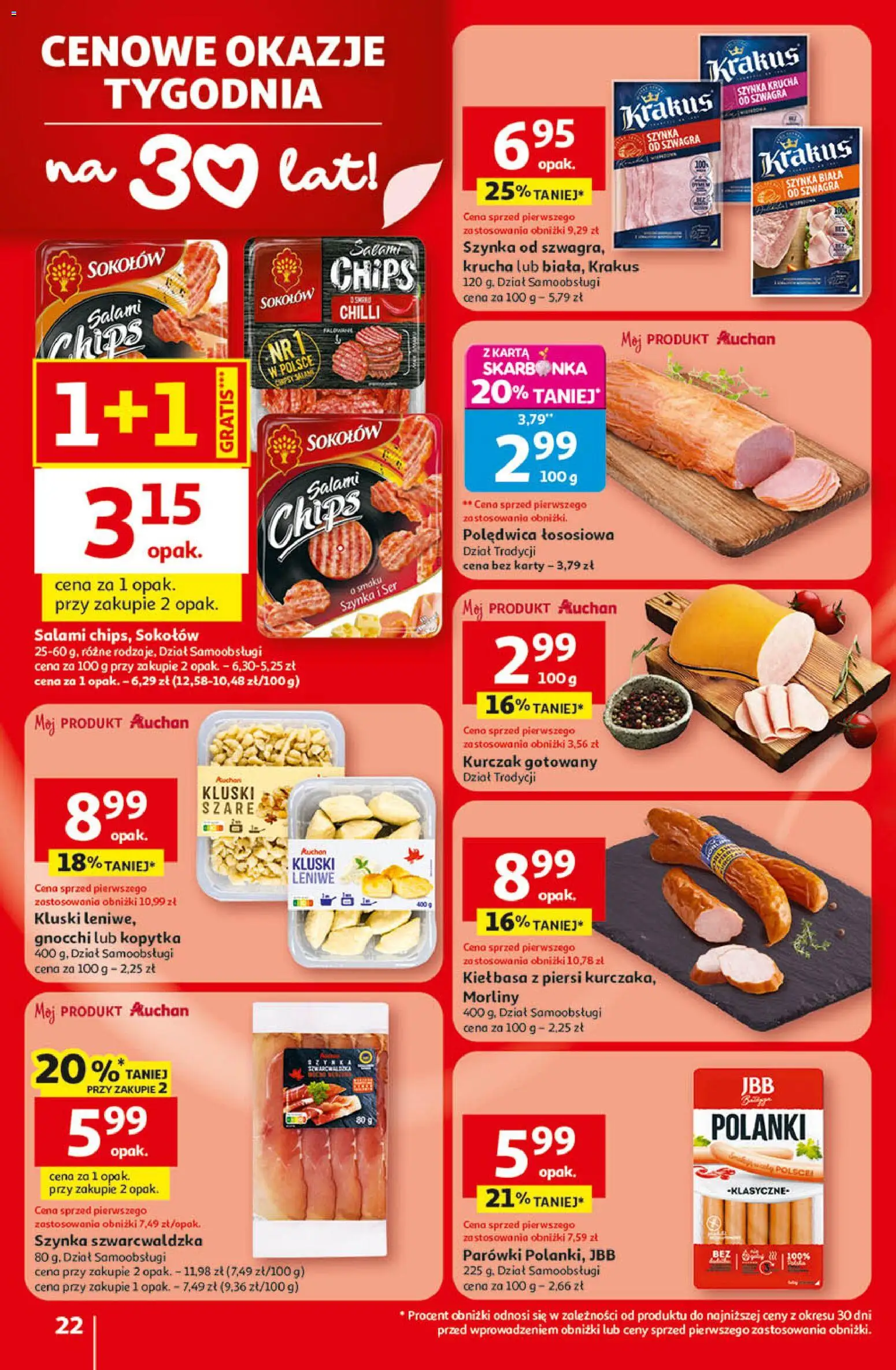 Auchan - Gazetka 30 Lat Hipermarket  od 09.04.2026 | Strona: 22 | Produkty: Kiełbasa, Kurczak, Parówki, Szynka