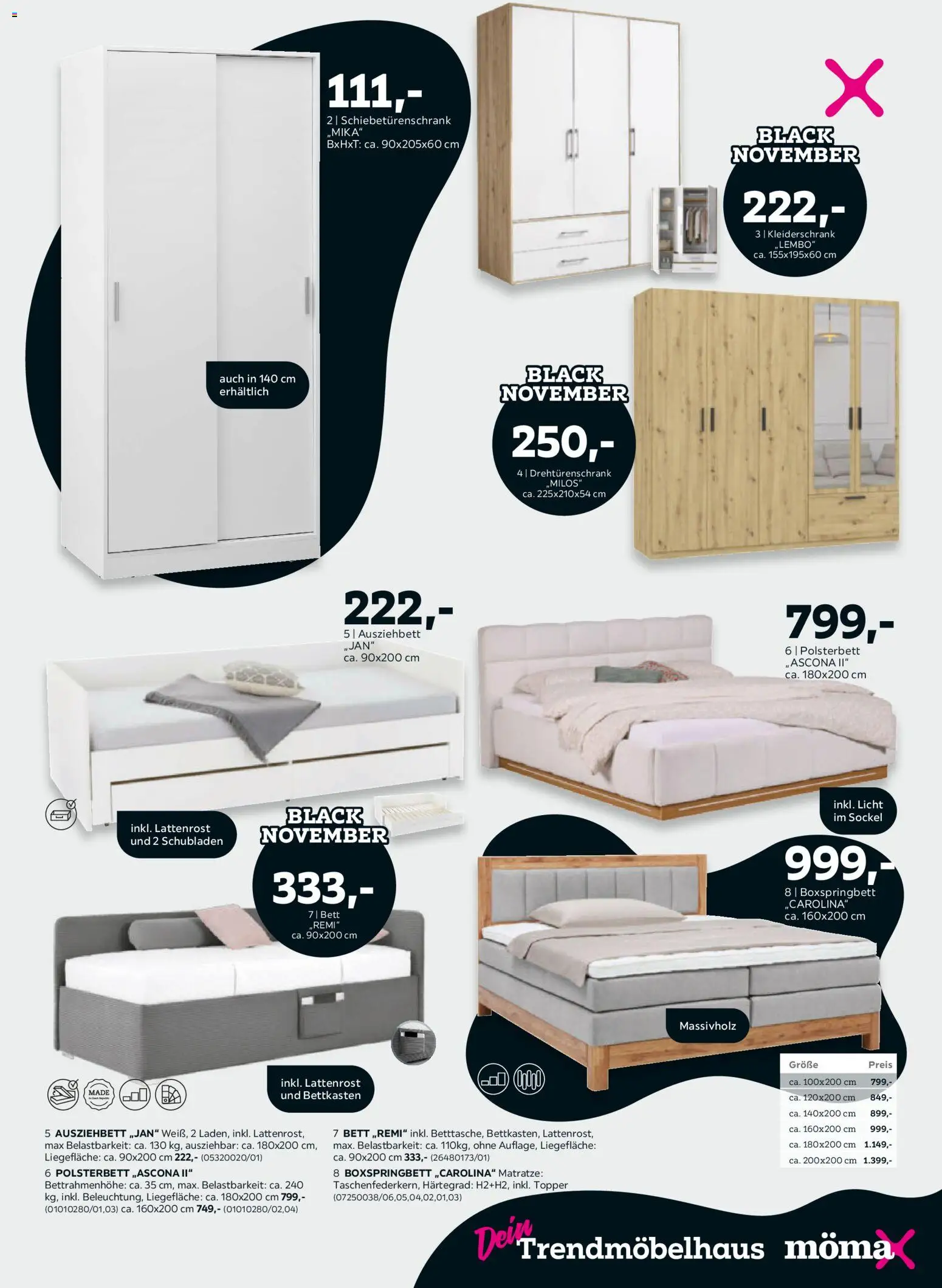 Mömax Black November – gültig ab 25.10.2026 | Seite: 7 | Produkte: Bett, Lattenrost, Drehtürenschrank, Boxspringbett