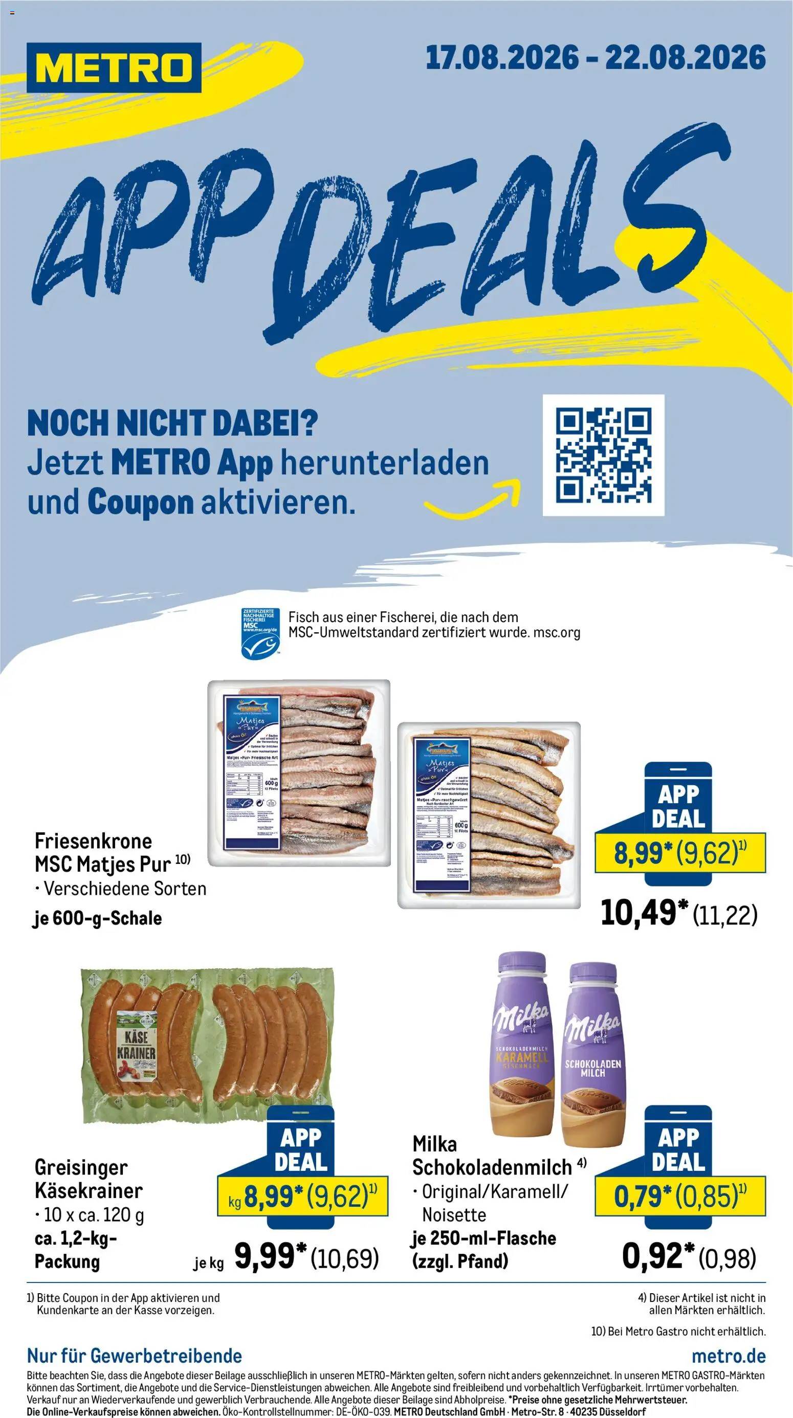 Metro App Deals – gültig ab 17.08.2026 | Seite: 1 | Produkte: Milch, Käse, Käsekrainer, Fisch